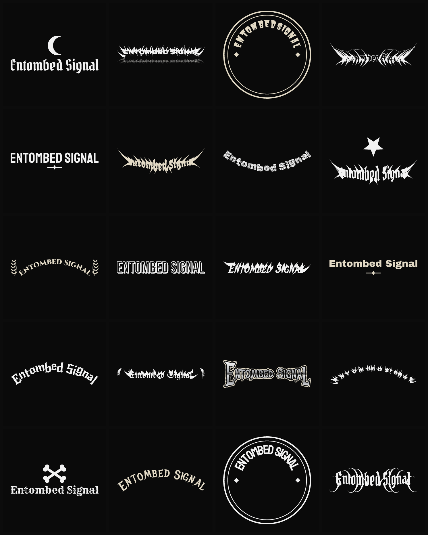 Twenty Entombed Signal band logo ideas — different faces, treatments and spike settings