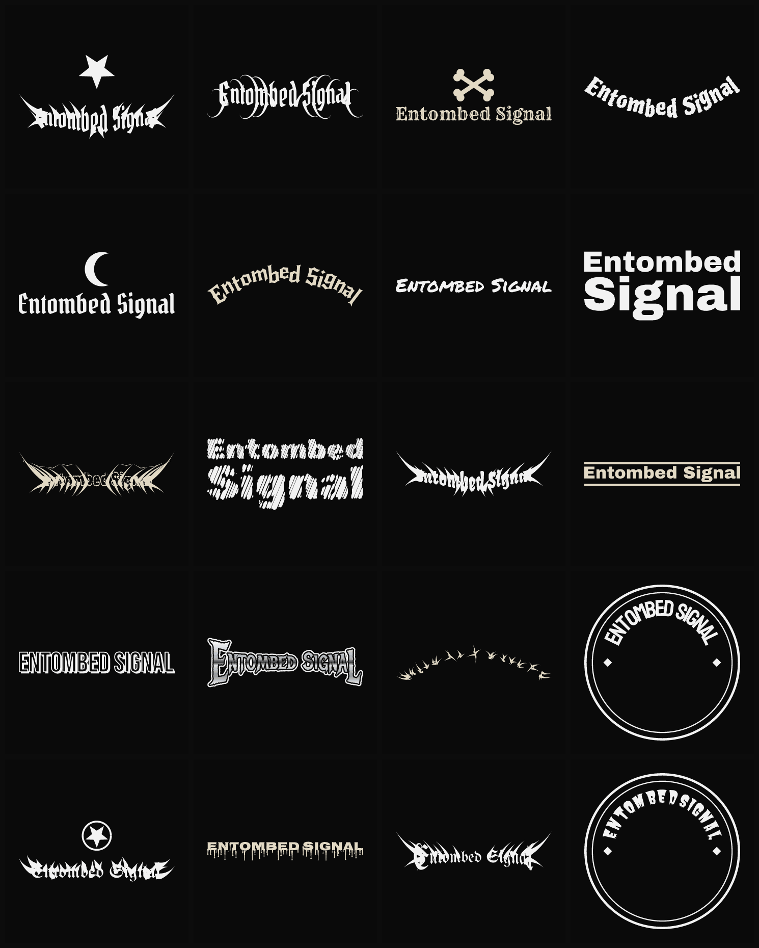 Twenty Entombed Signal band logo ideas — different faces, treatments and spike settings