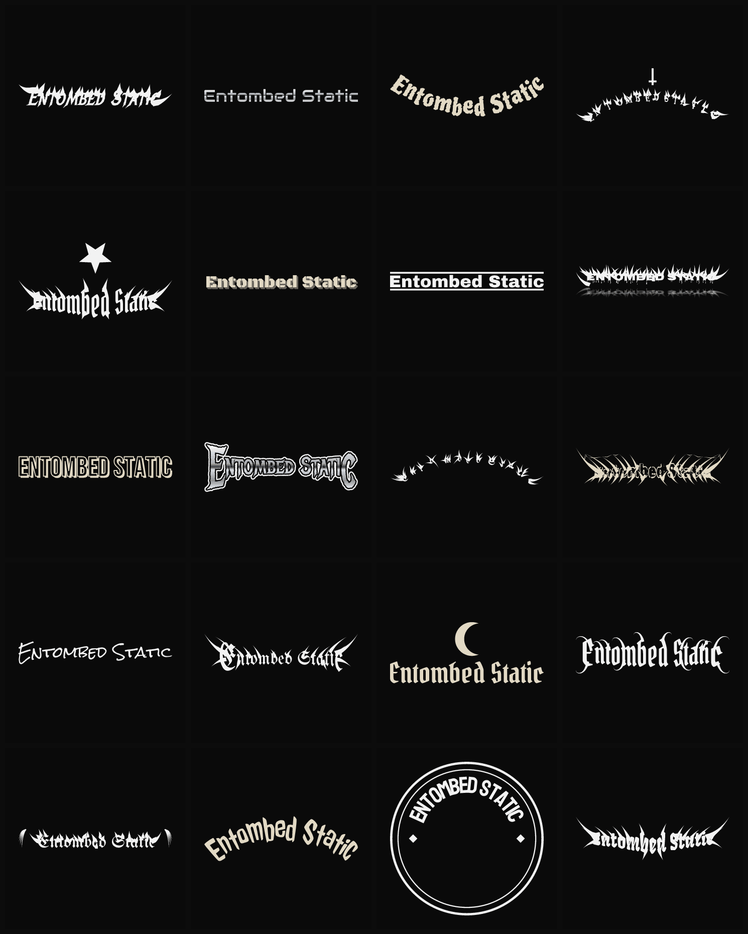 Twenty Entombed Static band logo ideas — different faces, treatments and spike settings