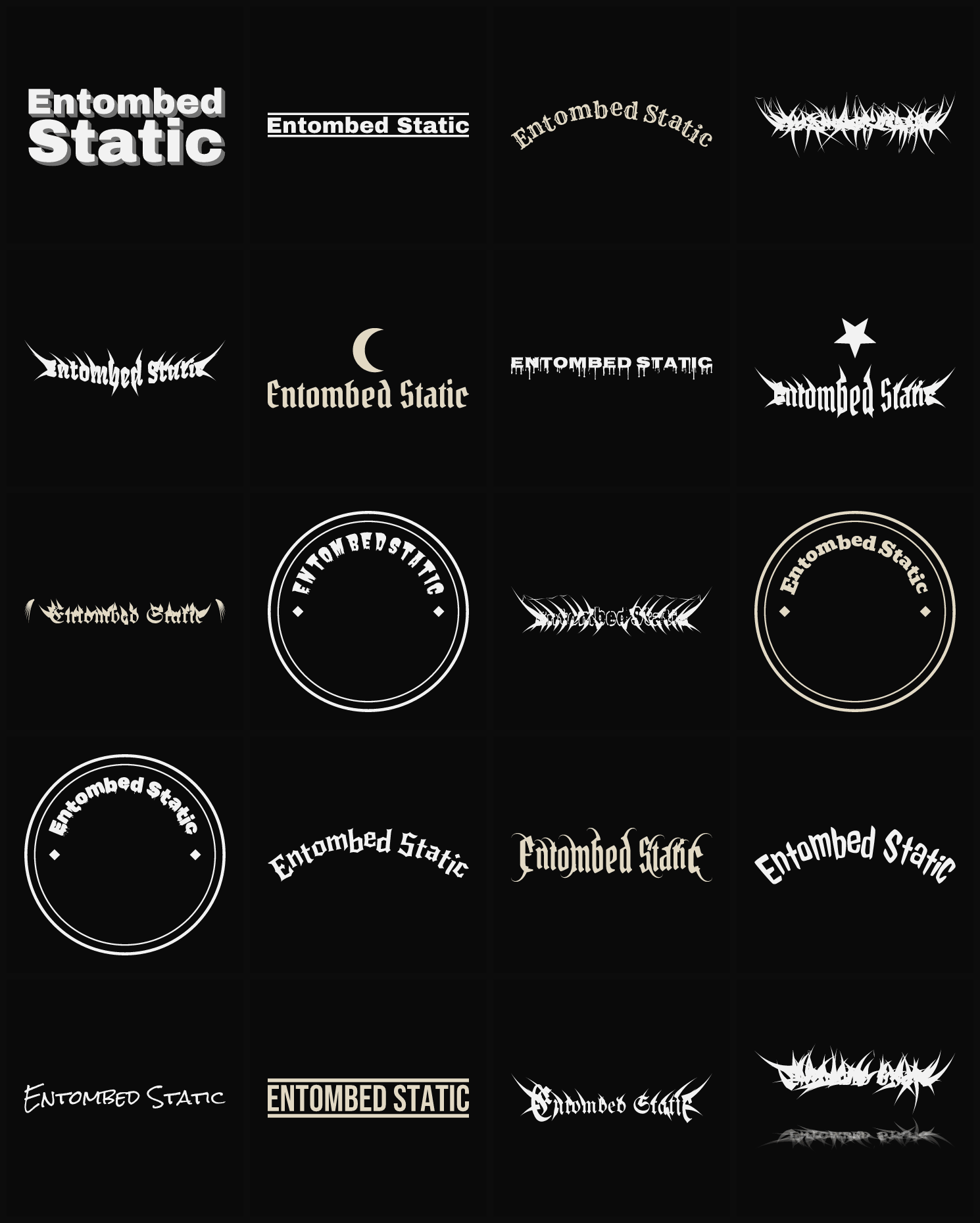 Twenty Entombed Static band logo ideas — different faces, treatments and spike settings