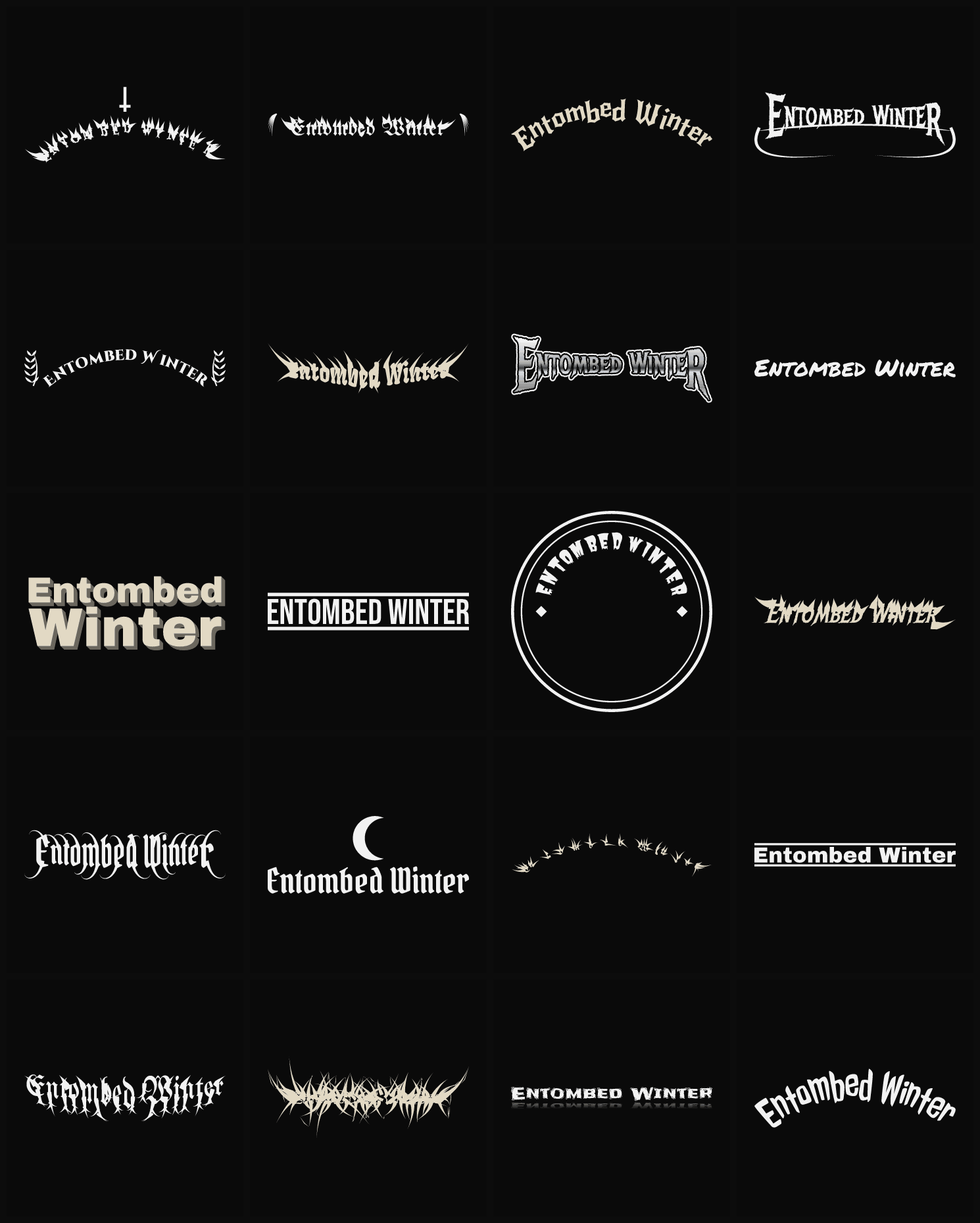 Twenty Entombed Winter band logo ideas — different faces, treatments and spike settings