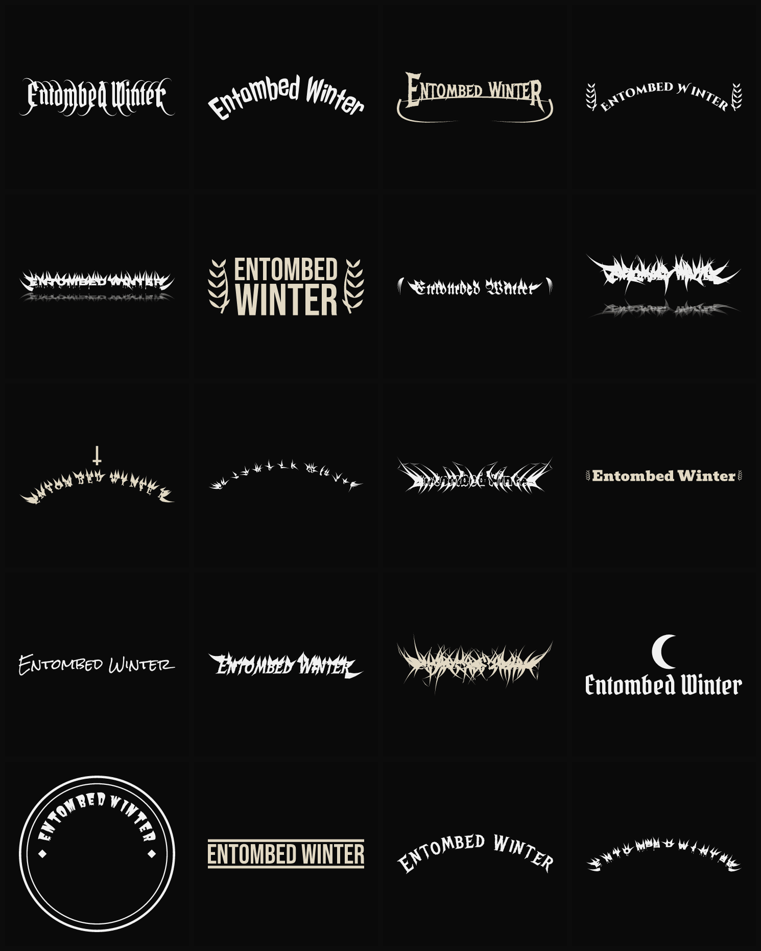 Twenty Entombed Winter band logo ideas — different faces, treatments and spike settings