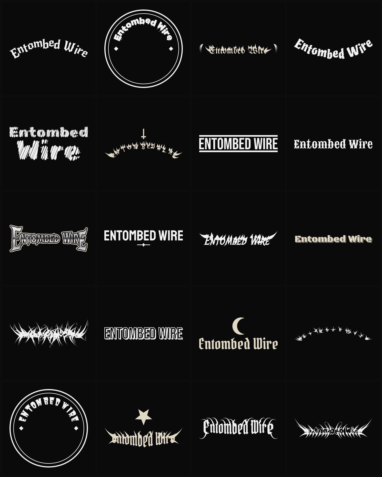 Twenty Entombed Wire band logo ideas — different faces, treatments and spike settings