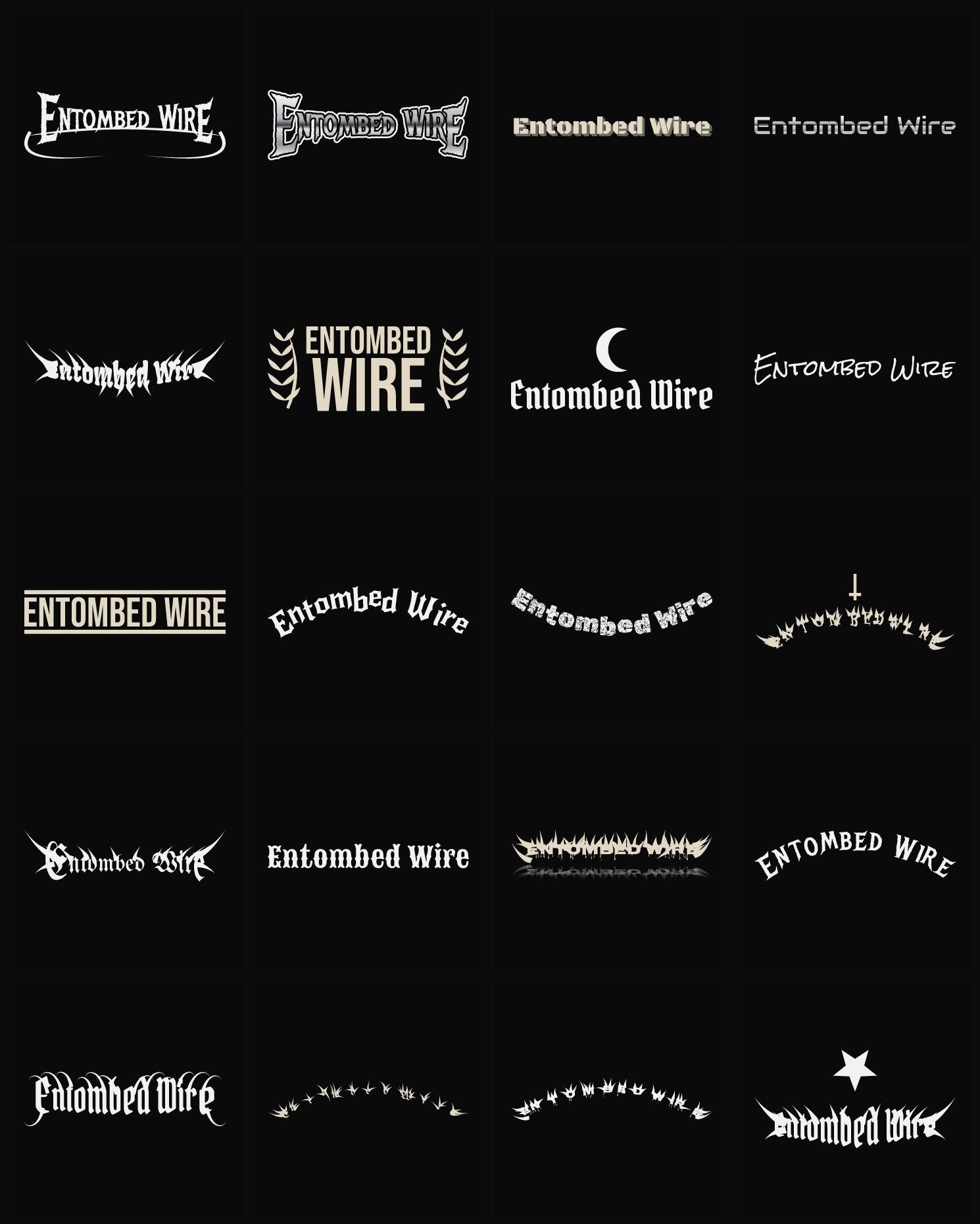 Twenty Entombed Wire band logo ideas — different faces, treatments and spike settings
