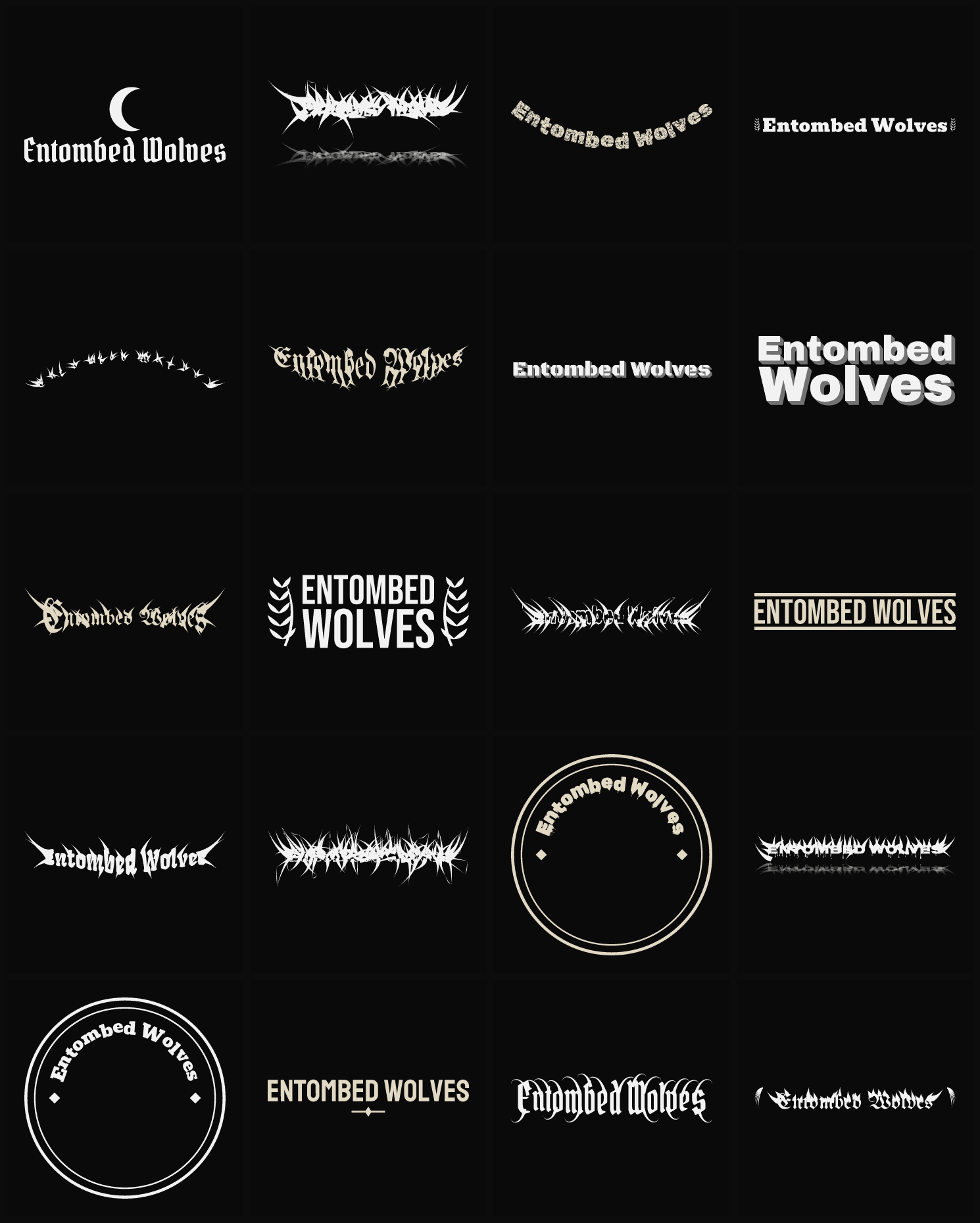 Twenty Entombed Wolves band logo ideas — different faces, treatments and spike settings