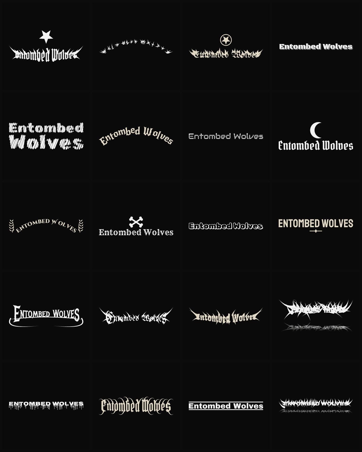 Twenty Entombed Wolves band logo ideas — different faces, treatments and spike settings