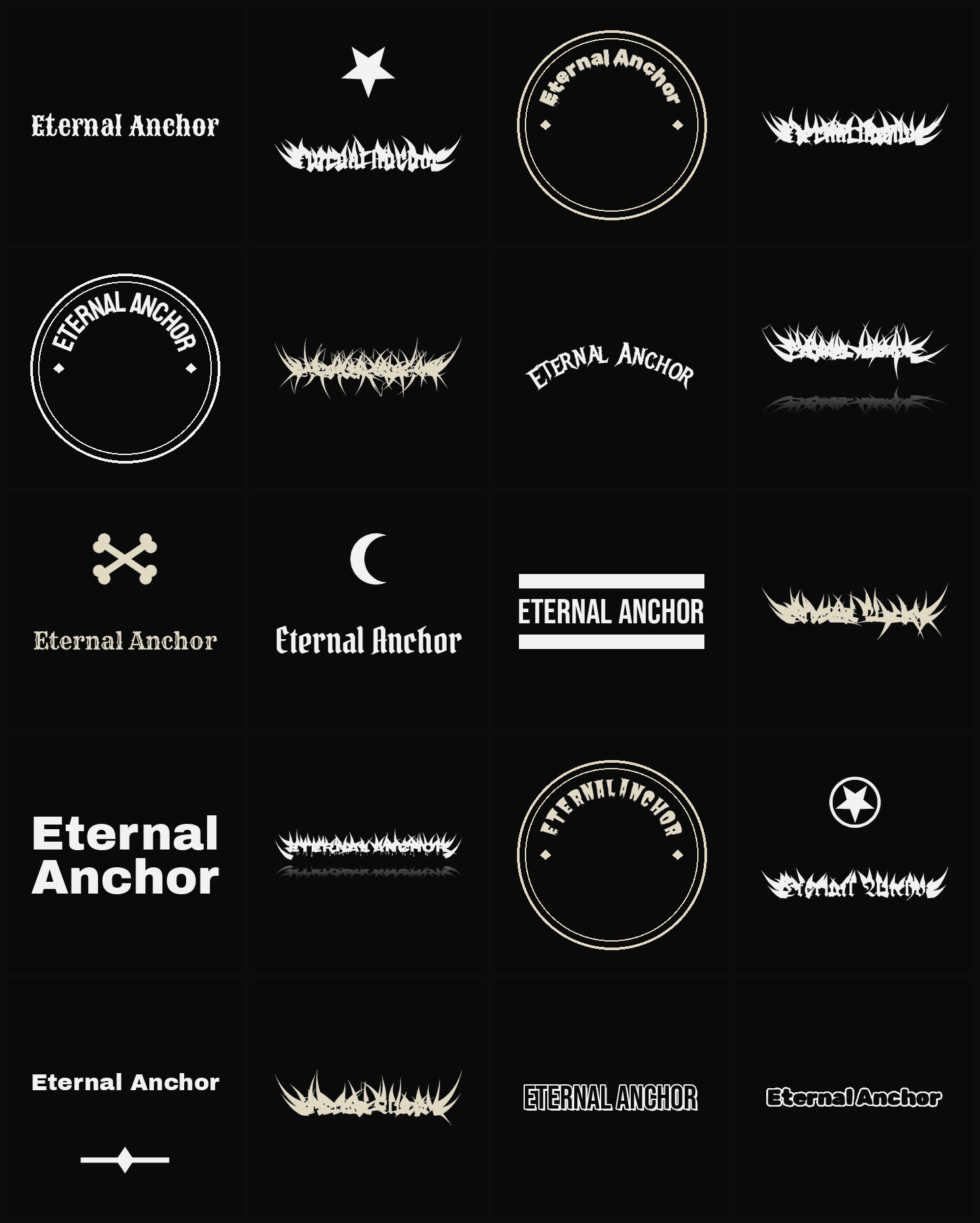 Twenty Eternal Anchor band logo ideas — different faces, treatments and spike settings