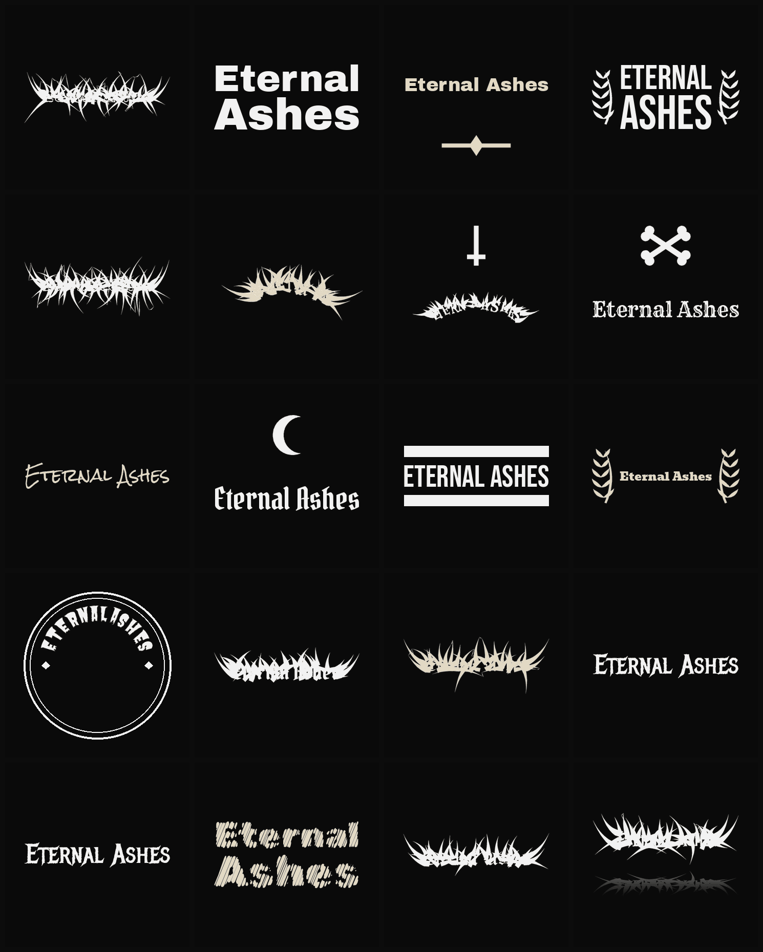 Twenty Eternal Ashes band logo ideas — different faces, treatments and spike settings