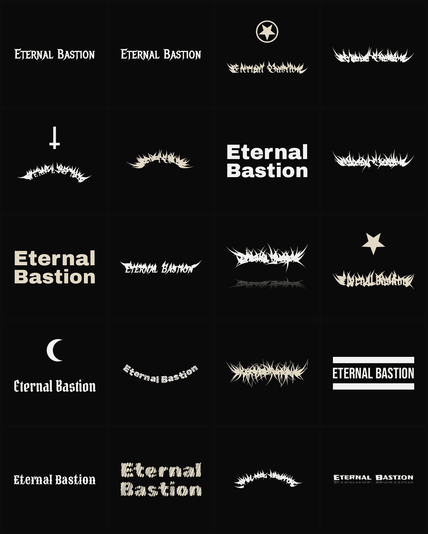 Twenty Eternal Bastion band logo ideas — different faces, treatments and spike settings