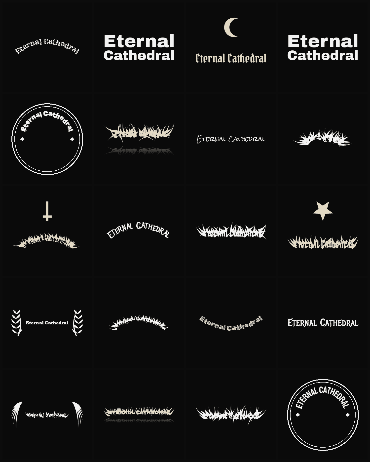 Twenty Eternal Cathedral band logo ideas — different faces, treatments and spike settings