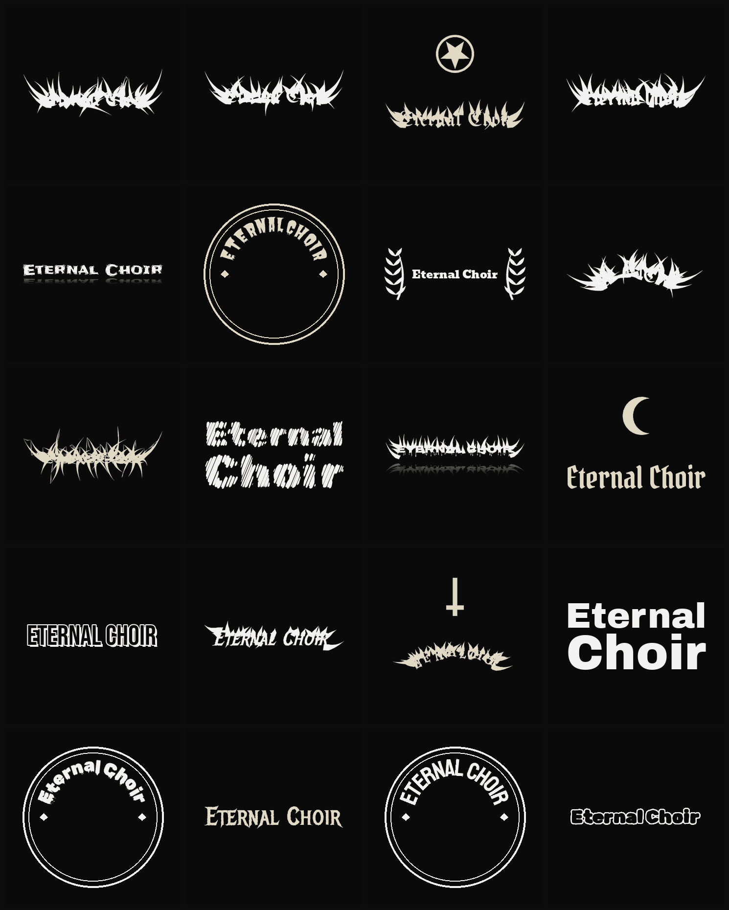 Twenty Eternal Choir band logo ideas — different faces, treatments and spike settings