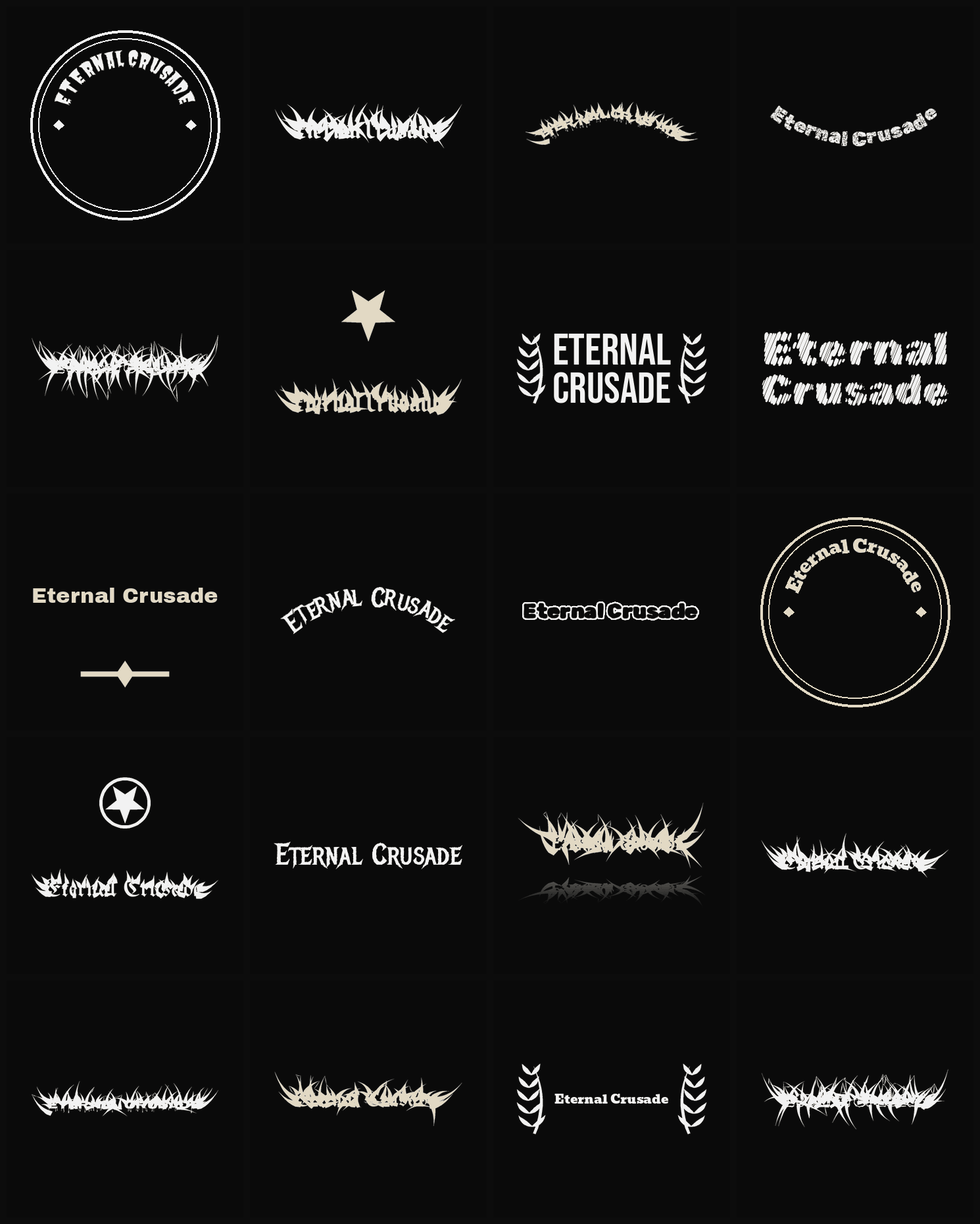 Twenty Eternal Crusade band logo ideas — different faces, treatments and spike settings