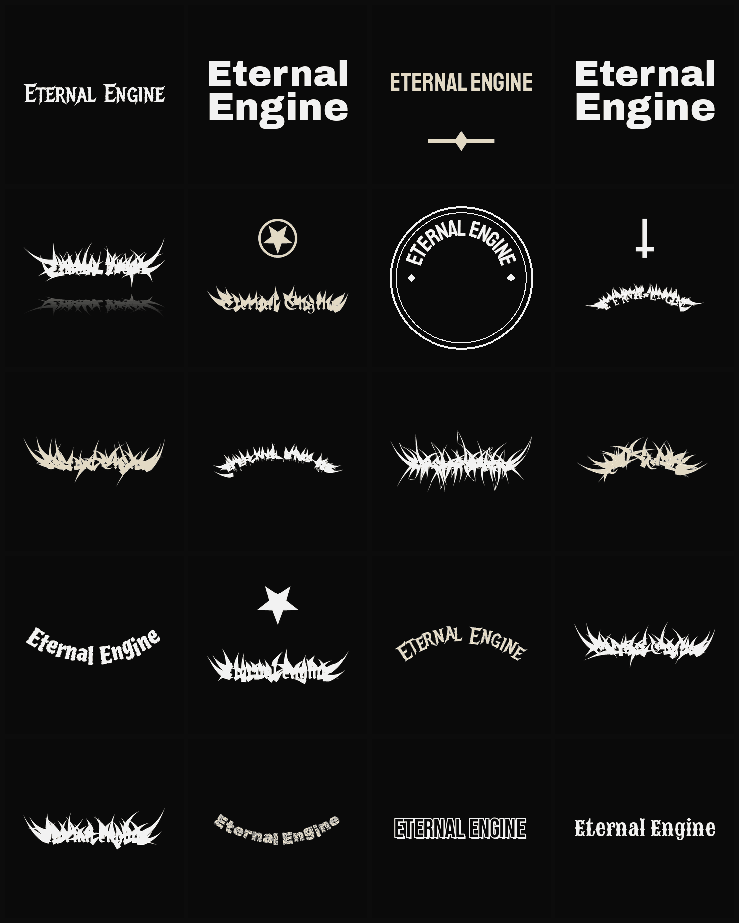 Twenty Eternal Engine band logo ideas — different faces, treatments and spike settings
