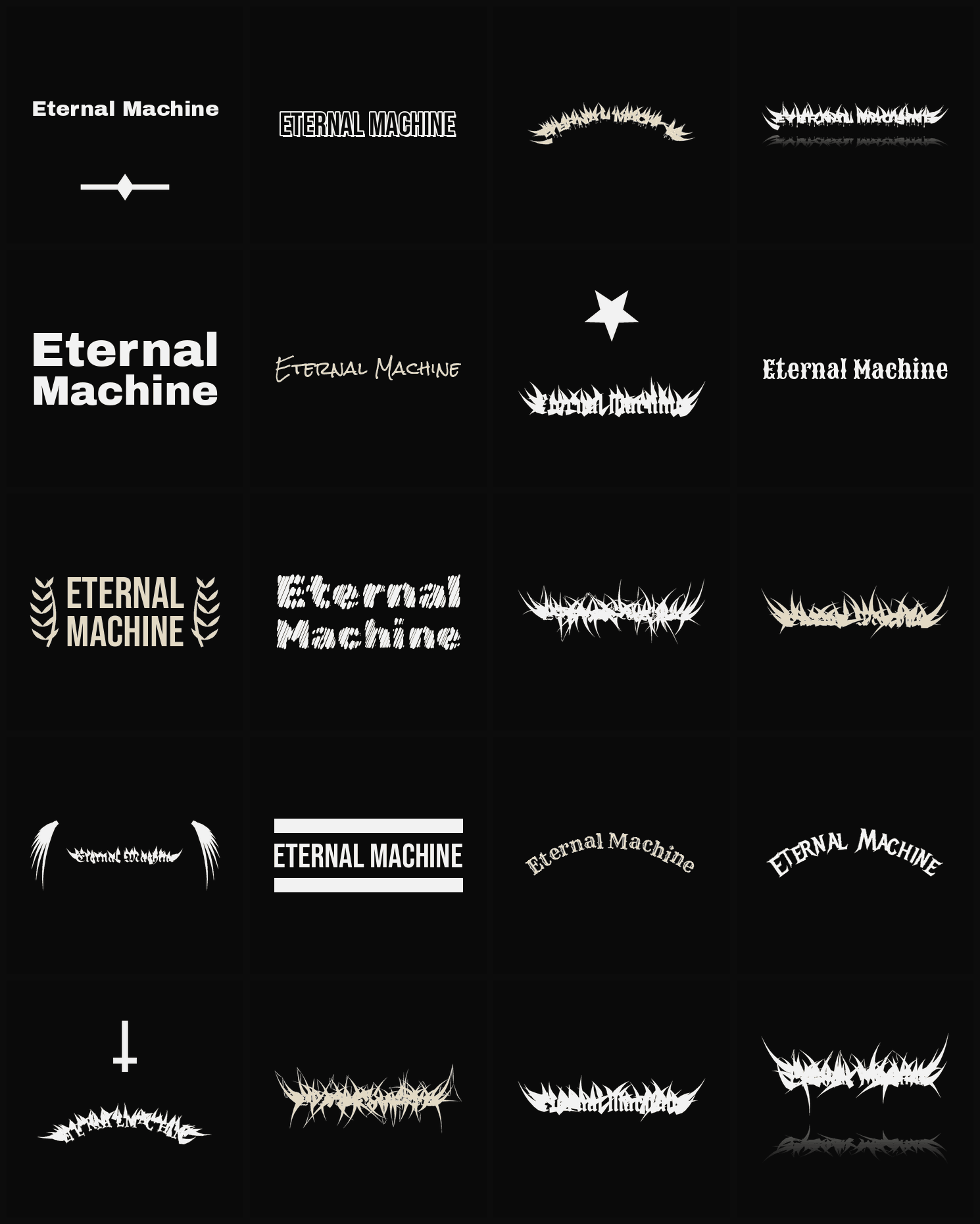 Twenty Eternal Machine band logo ideas — different faces, treatments and spike settings