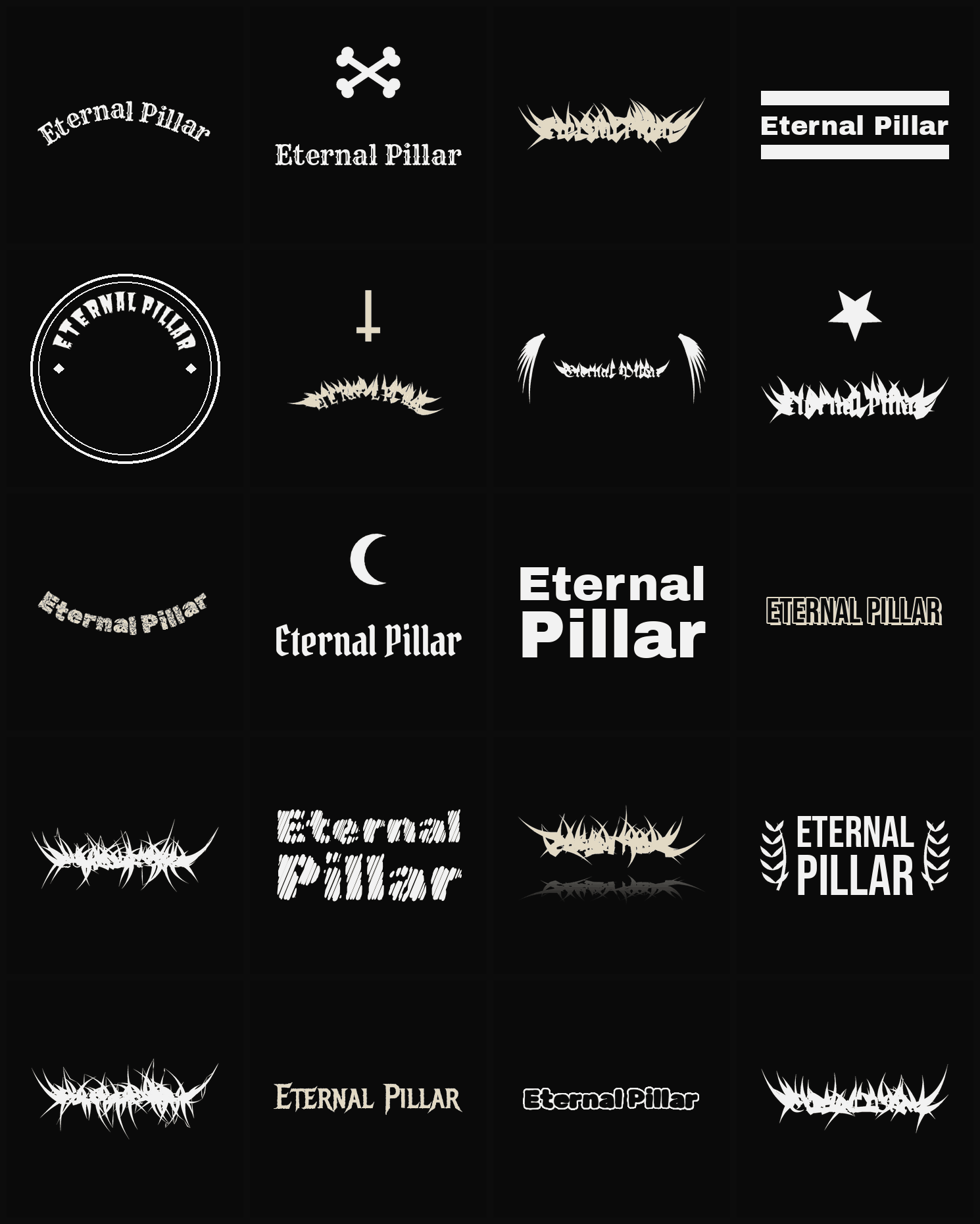 Twenty Eternal Pillar band logo ideas — different faces, treatments and spike settings