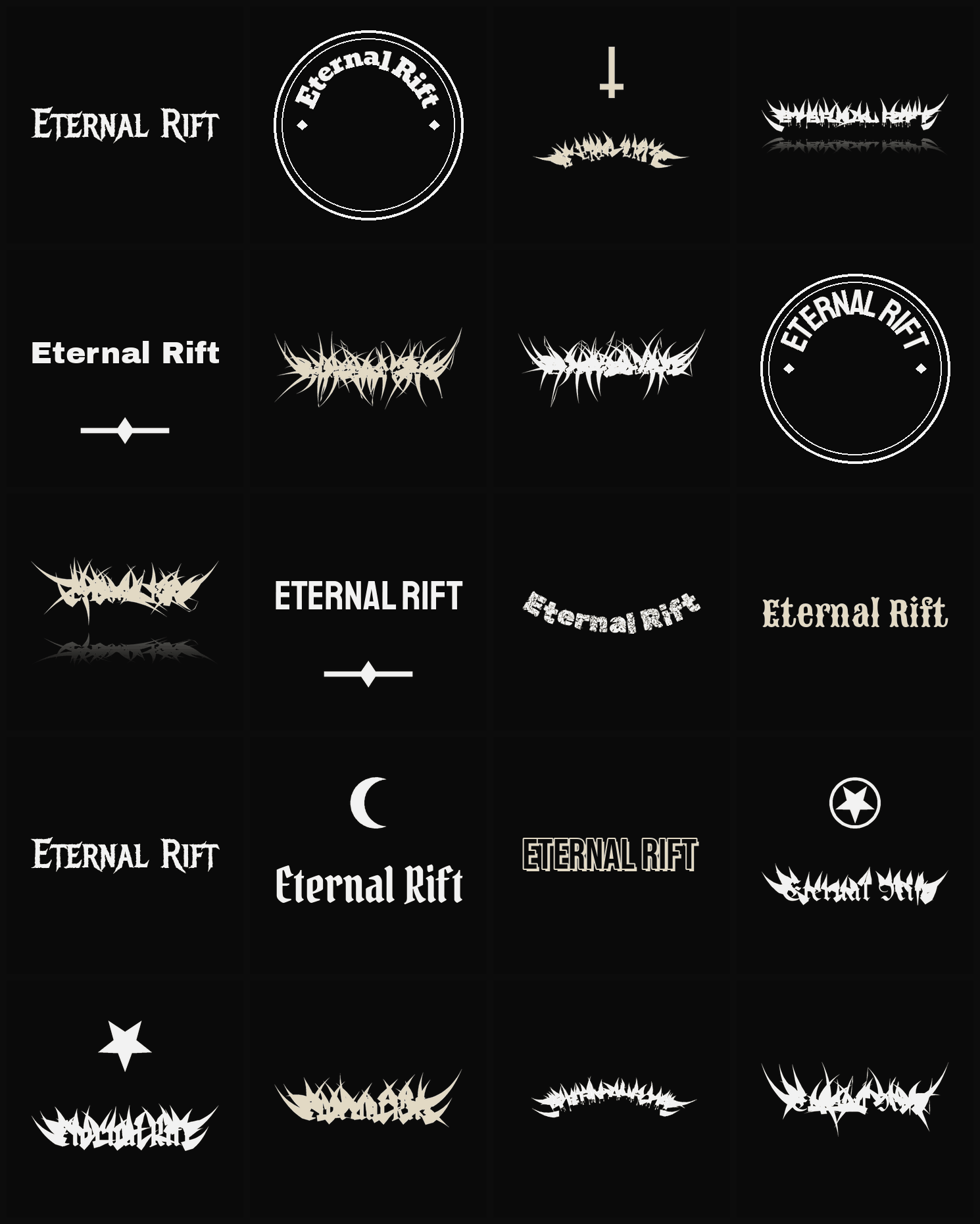Twenty Eternal Rift band logo ideas — different faces, treatments and spike settings