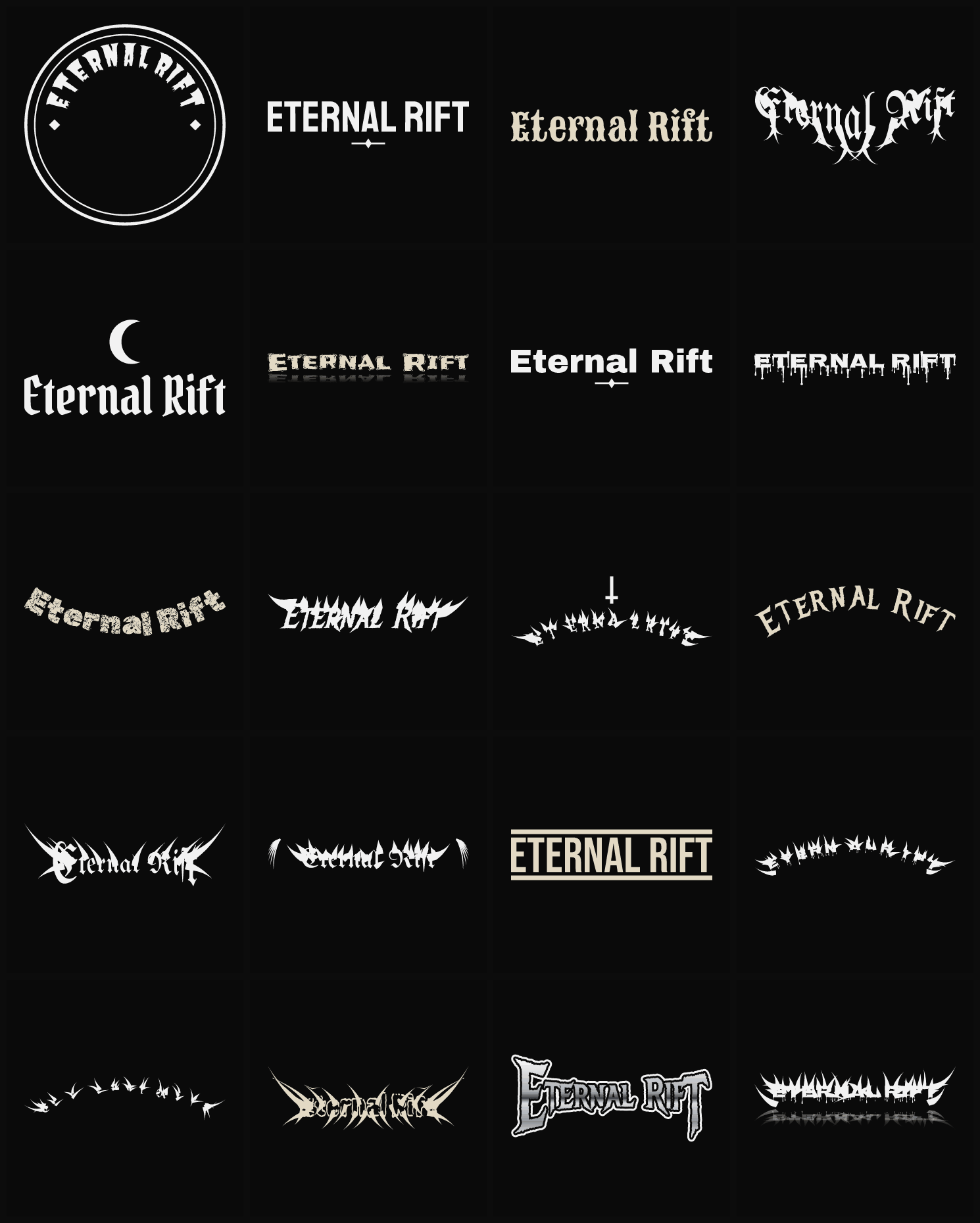 Twenty Eternal Rift band logo ideas — different faces, treatments and spike settings