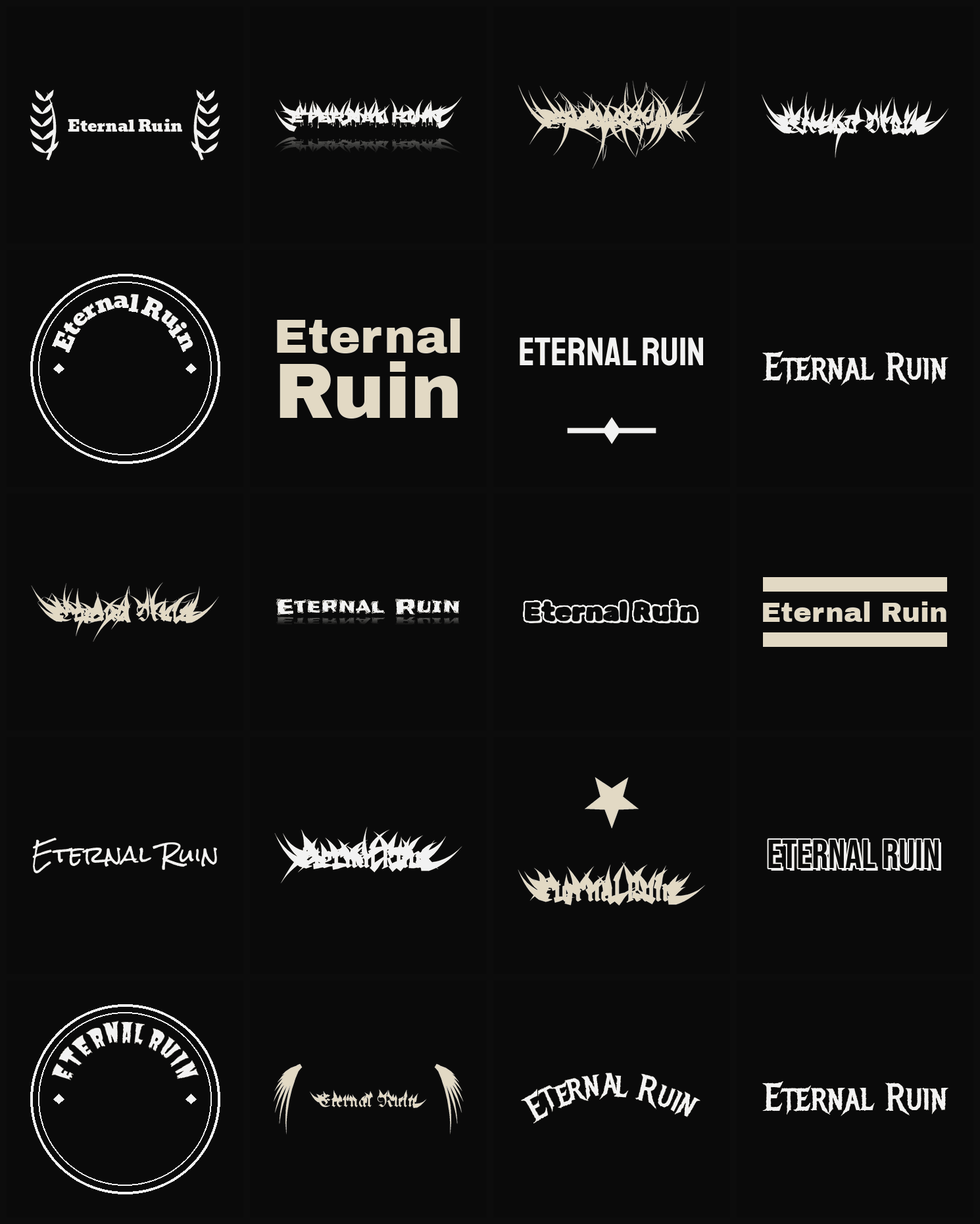 Twenty Eternal Ruin band logo ideas — different faces, treatments and spike settings