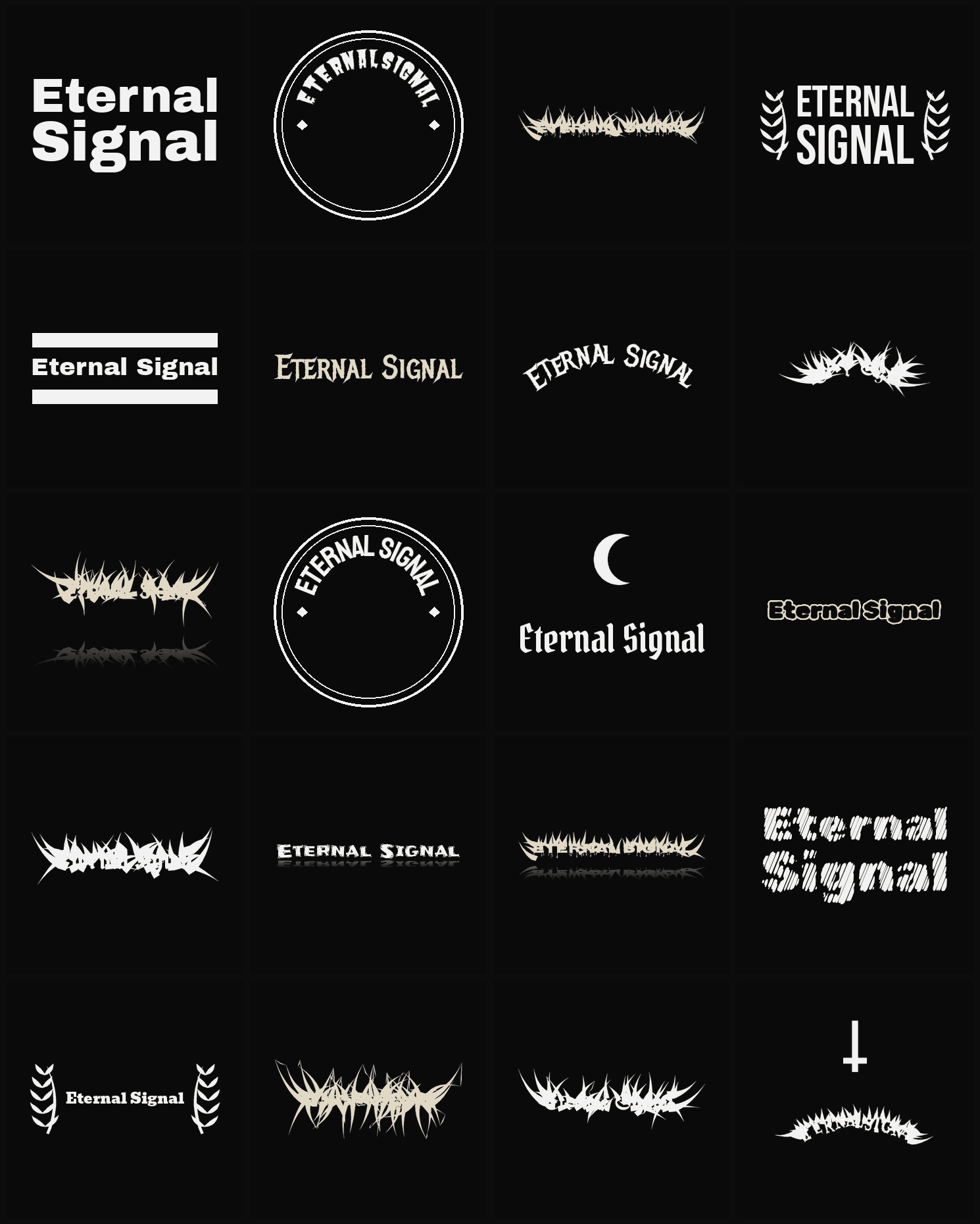 Twenty Eternal Signal band logo ideas — different faces, treatments and spike settings