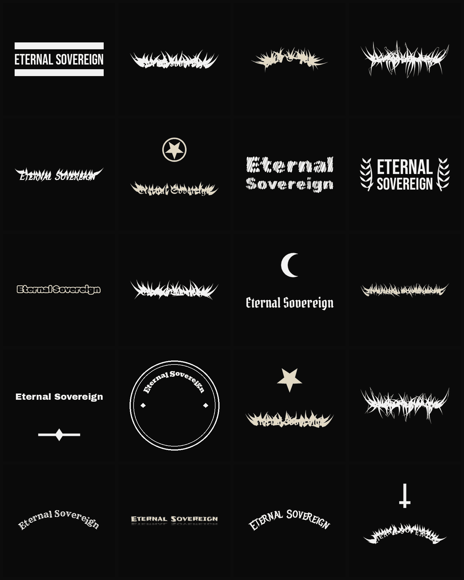 Twenty Eternal Sovereign band logo ideas — different faces, treatments and spike settings