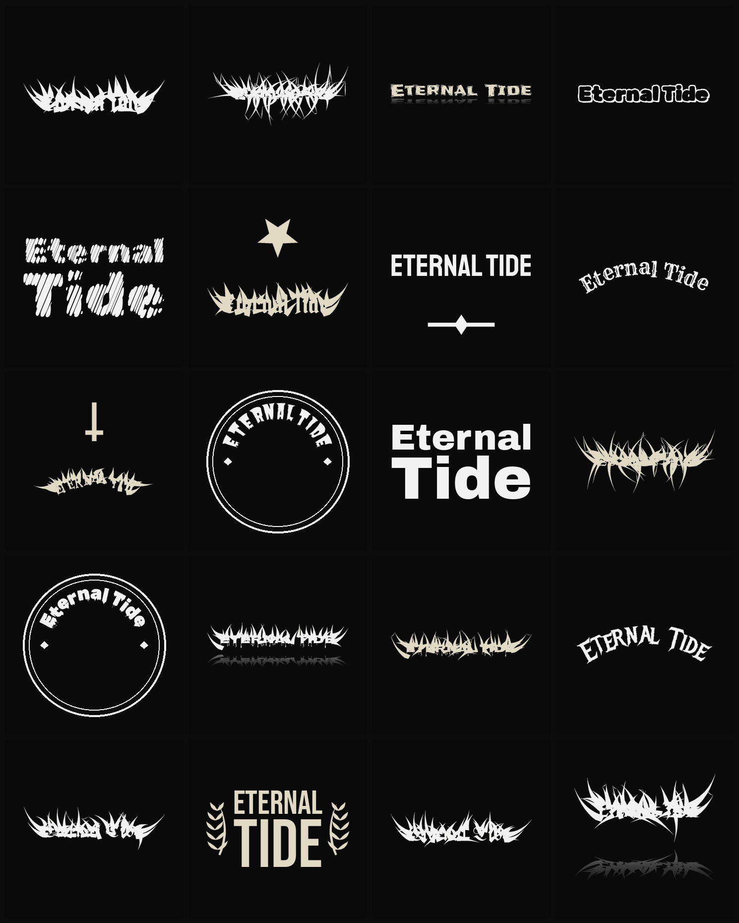 Twenty Eternal Tide band logo ideas — different faces, treatments and spike settings