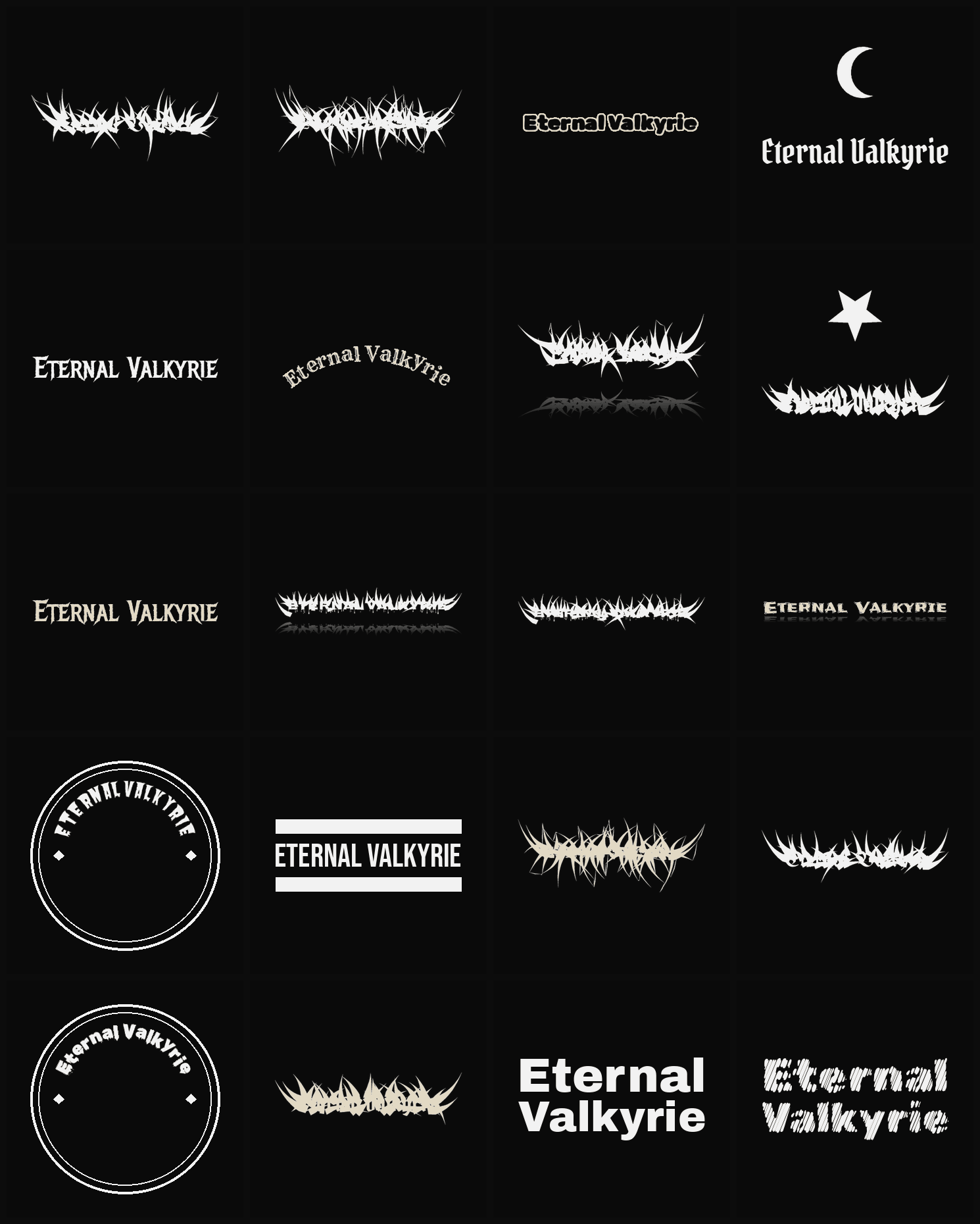 Twenty Eternal Valkyrie band logo ideas — different faces, treatments and spike settings
