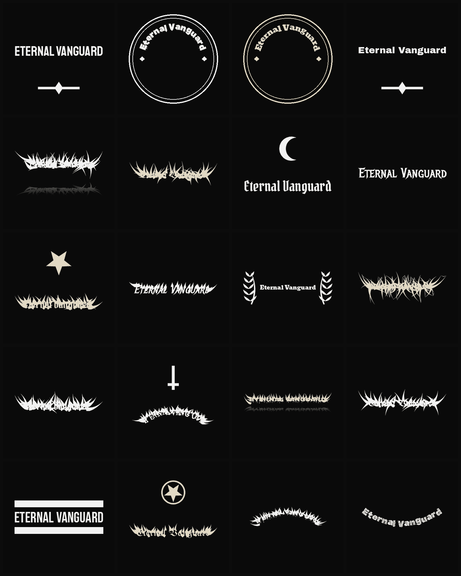 Twenty Eternal Vanguard band logo ideas — different faces, treatments and spike settings