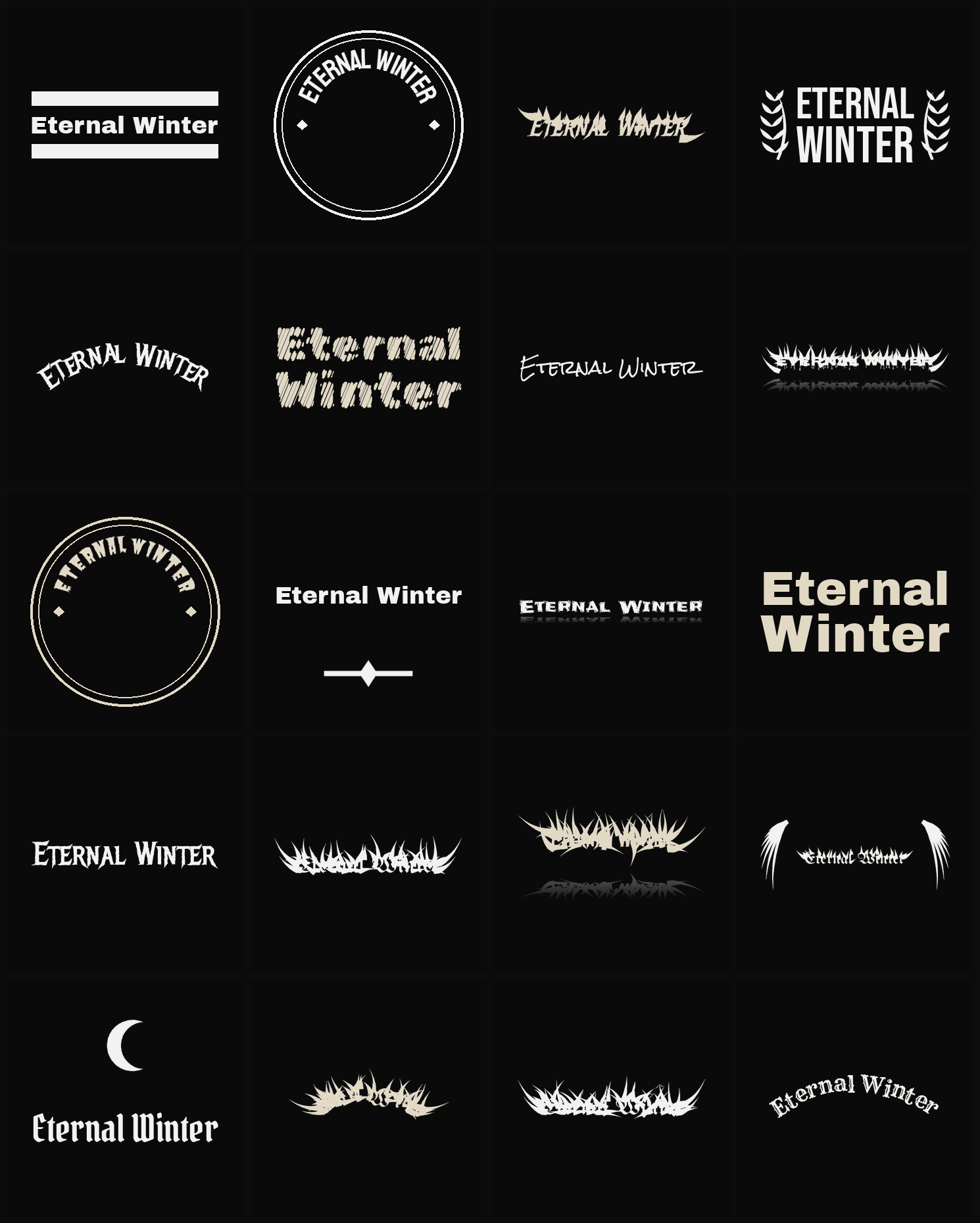 Twenty Eternal Winter band logo ideas — different faces, treatments and spike settings