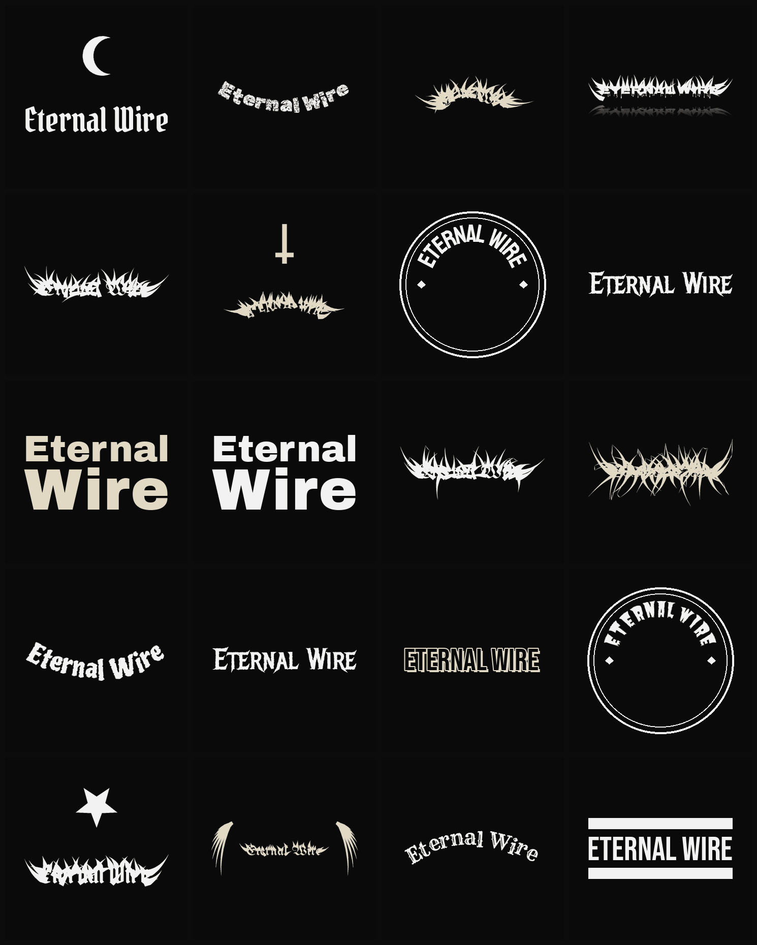 Twenty Eternal Wire band logo ideas — different faces, treatments and spike settings