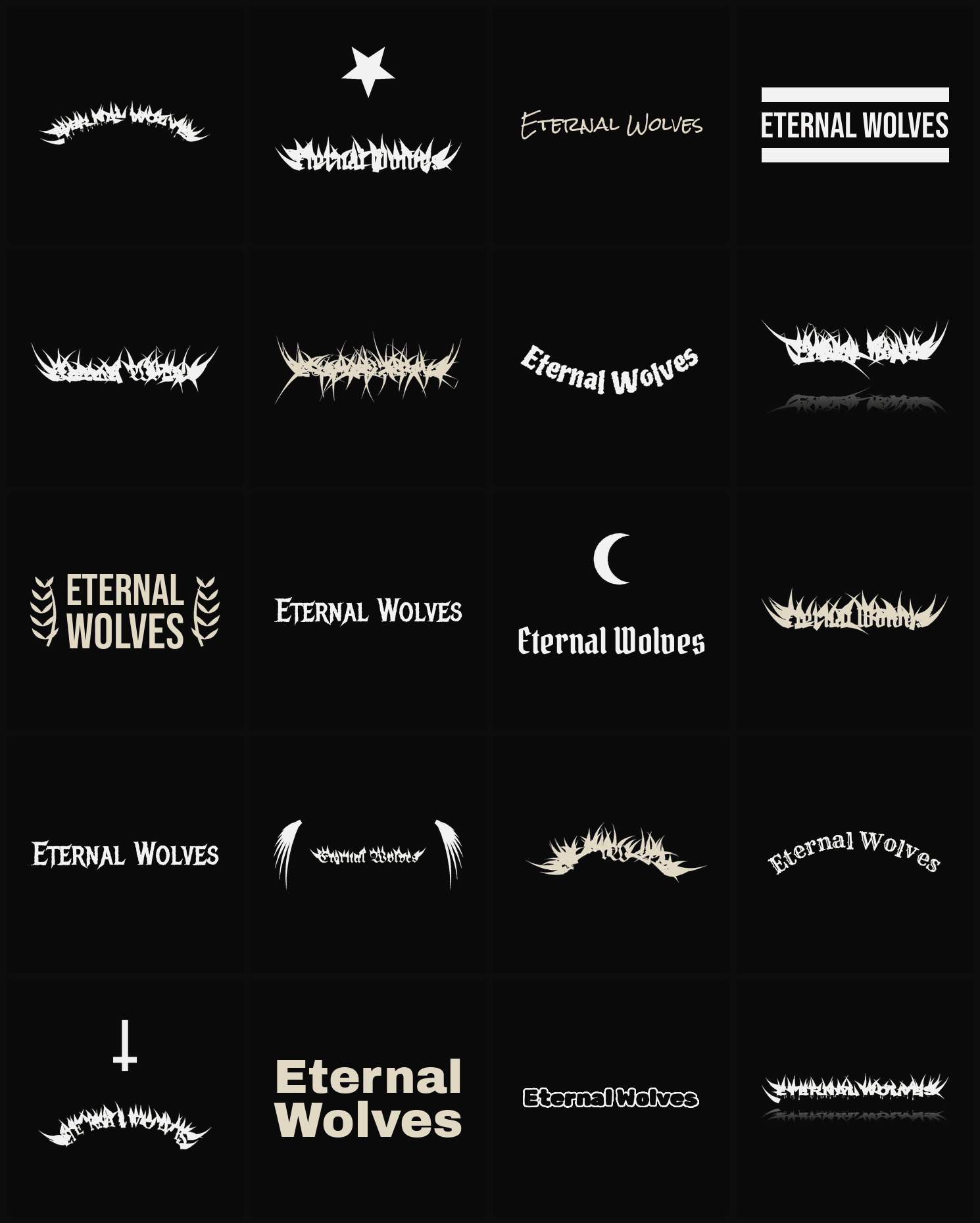 Twenty Eternal Wolves band logo ideas — different faces, treatments and spike settings