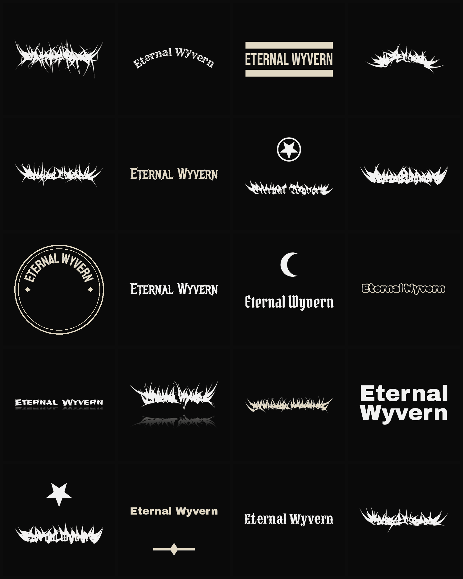 Twenty Eternal Wyvern band logo ideas — different faces, treatments and spike settings