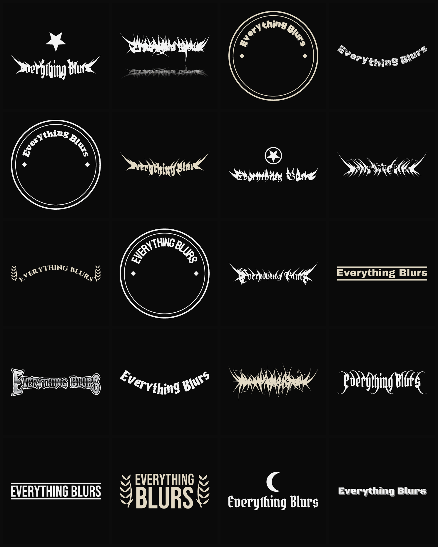 Twenty Everything Blurs band logo ideas — different faces, treatments and spike settings