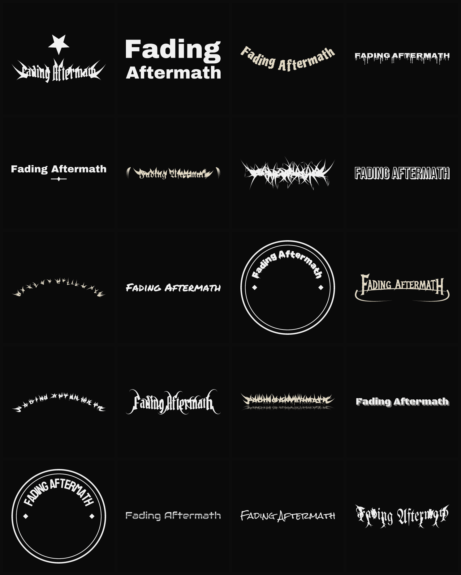 Twenty Fading Aftermath band logo ideas — different faces, treatments and spike settings