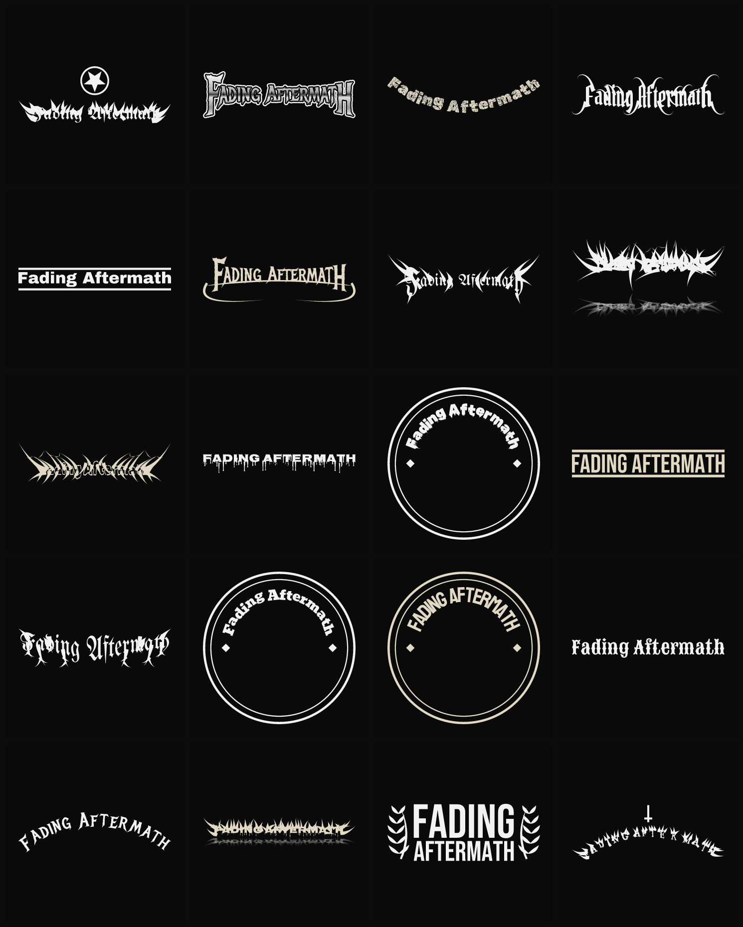 Twenty Fading Aftermath band logo ideas — different faces, treatments and spike settings
