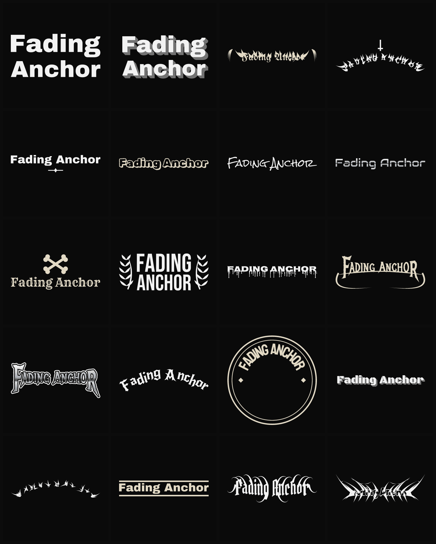 Twenty Fading Anchor band logo ideas — different faces, treatments and spike settings