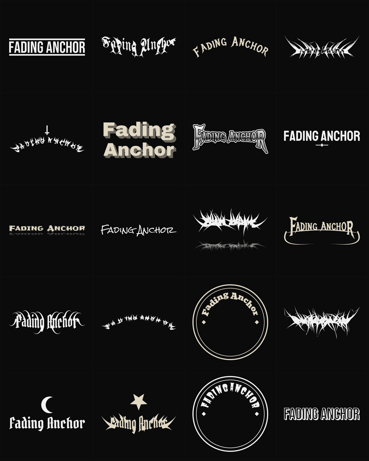 Twenty Fading Anchor band logo ideas — different faces, treatments and spike settings