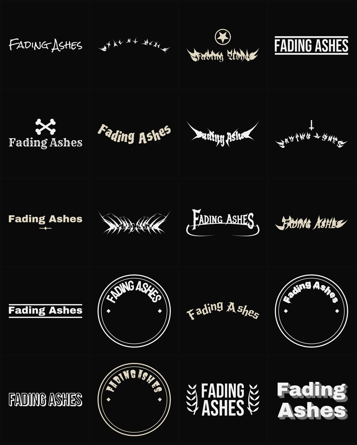 Twenty Fading Ashes band logo ideas — different faces, treatments and spike settings