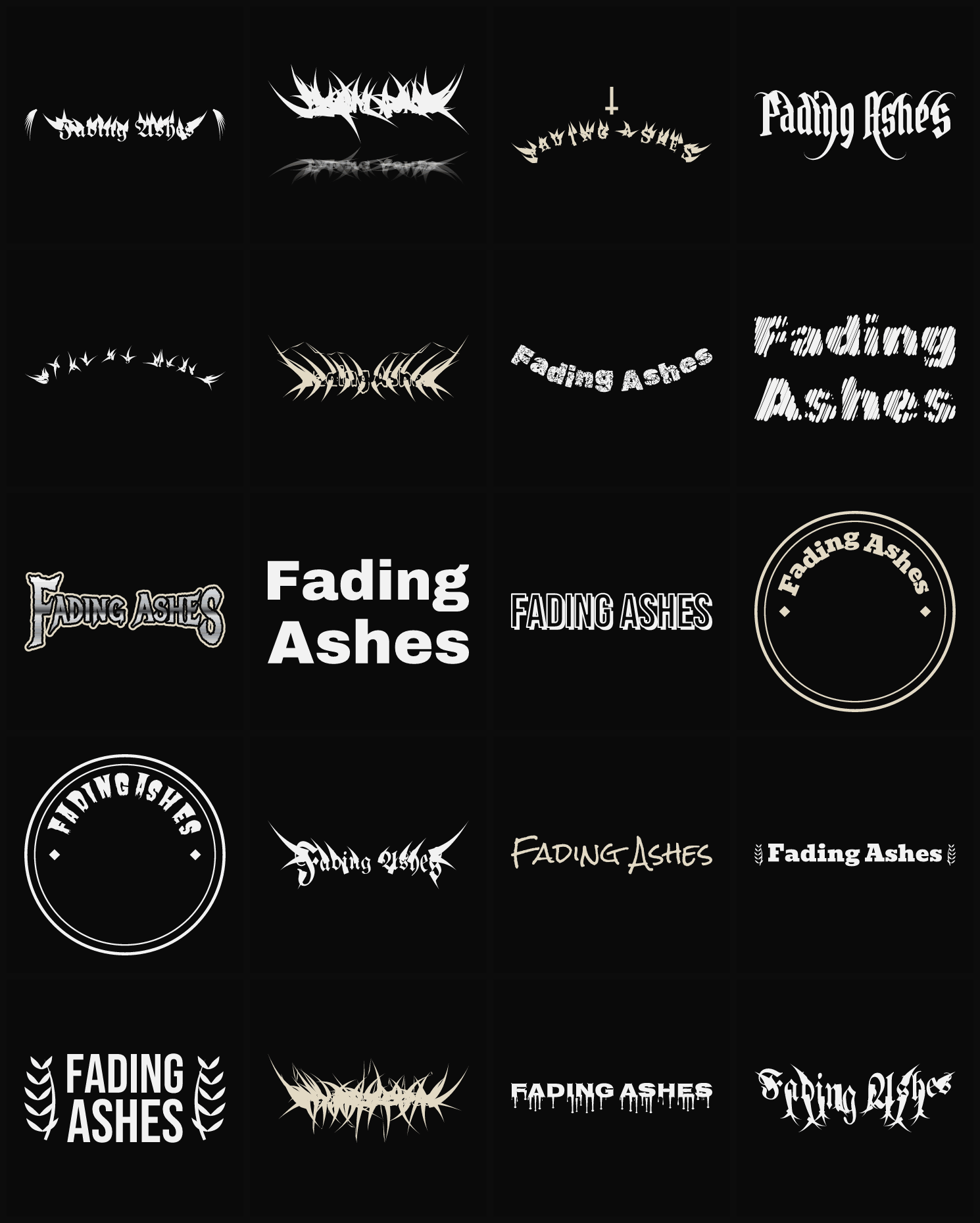 Twenty Fading Ashes band logo ideas — different faces, treatments and spike settings