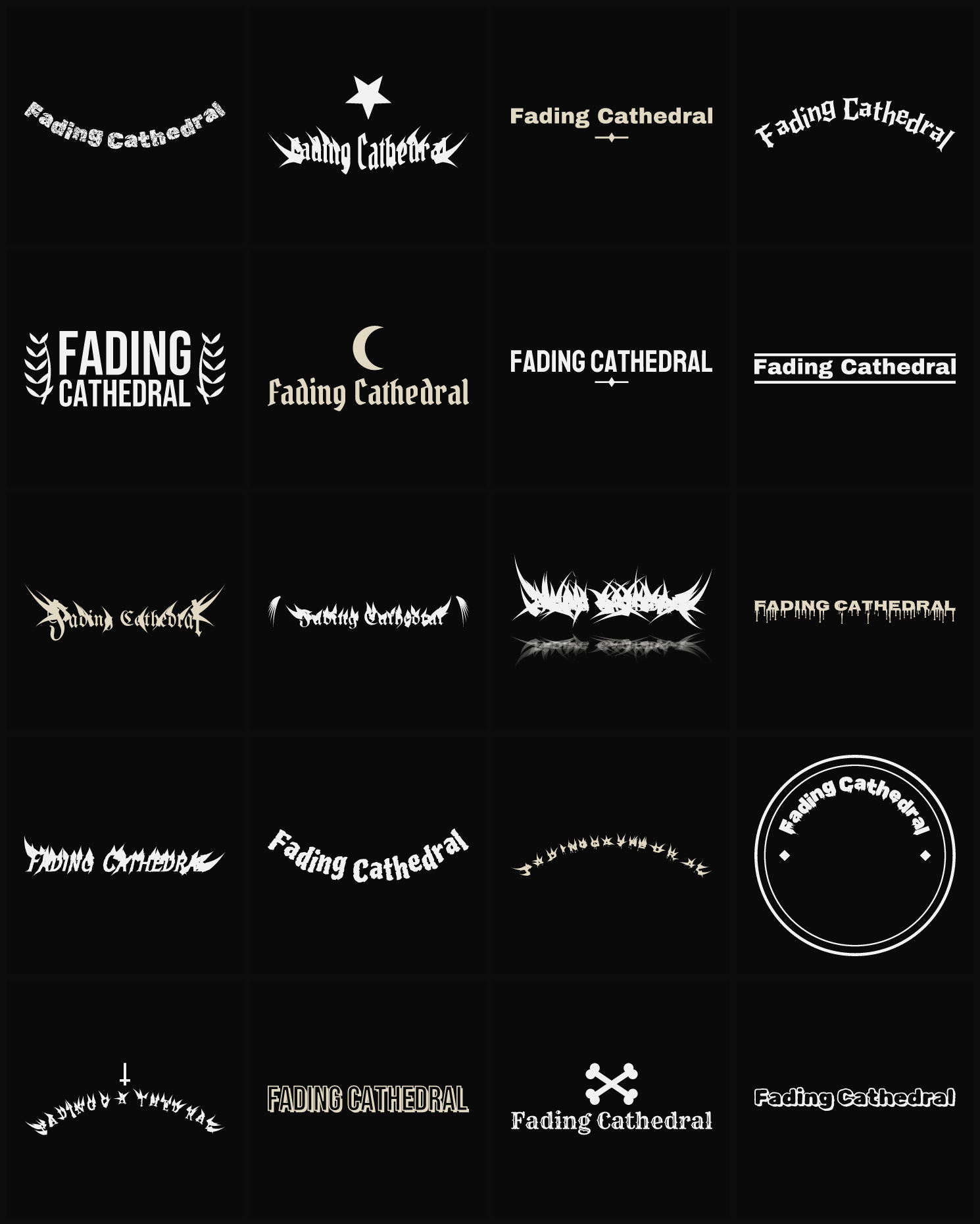 Twenty Fading Cathedral band logo ideas — different faces, treatments and spike settings