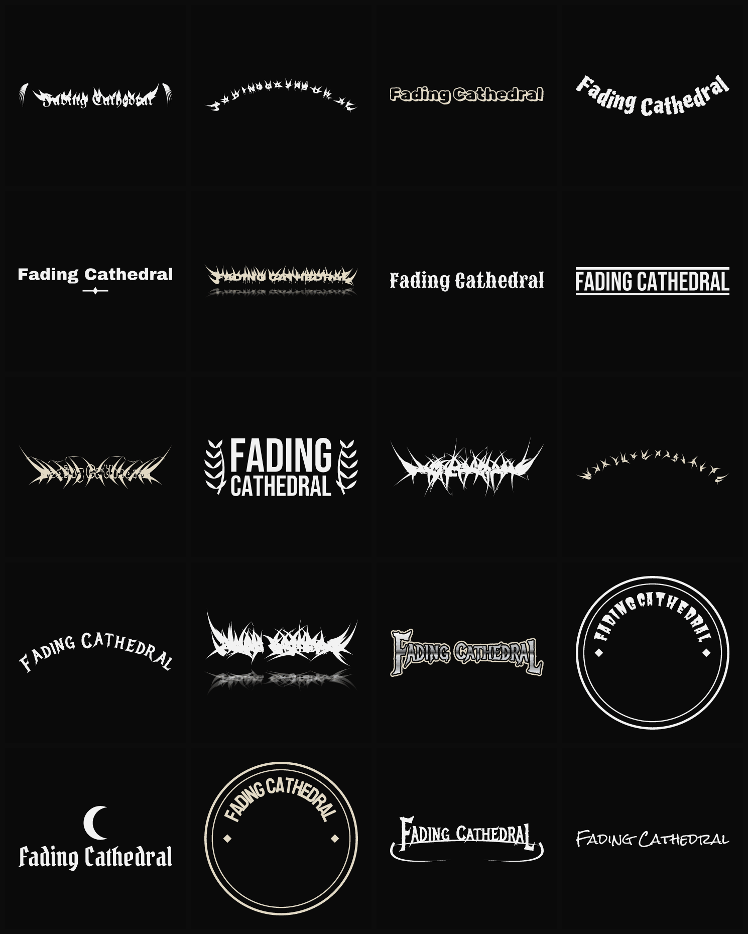 Twenty Fading Cathedral band logo ideas — different faces, treatments and spike settings