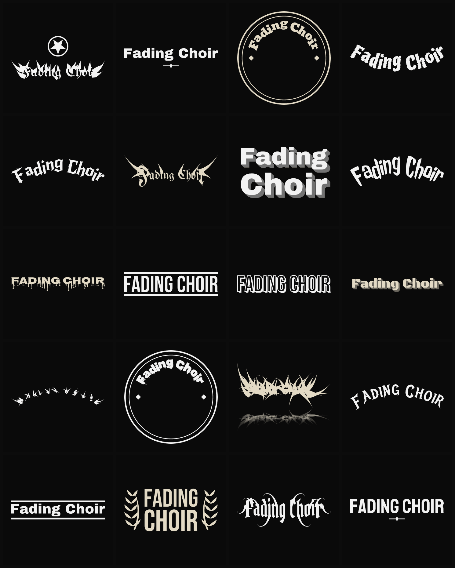 Twenty Fading Choir band logo ideas — different faces, treatments and spike settings