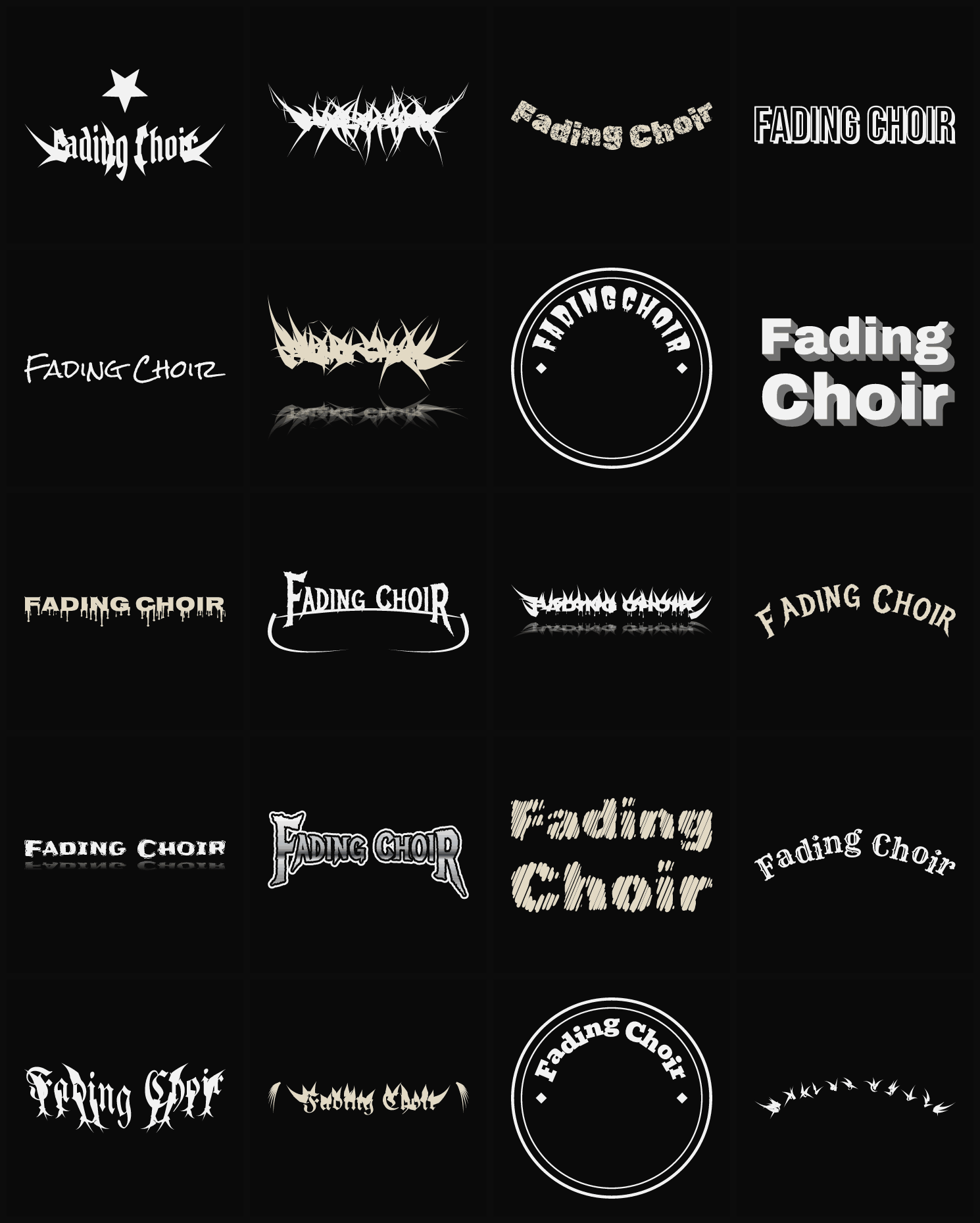 Twenty Fading Choir band logo ideas — different faces, treatments and spike settings