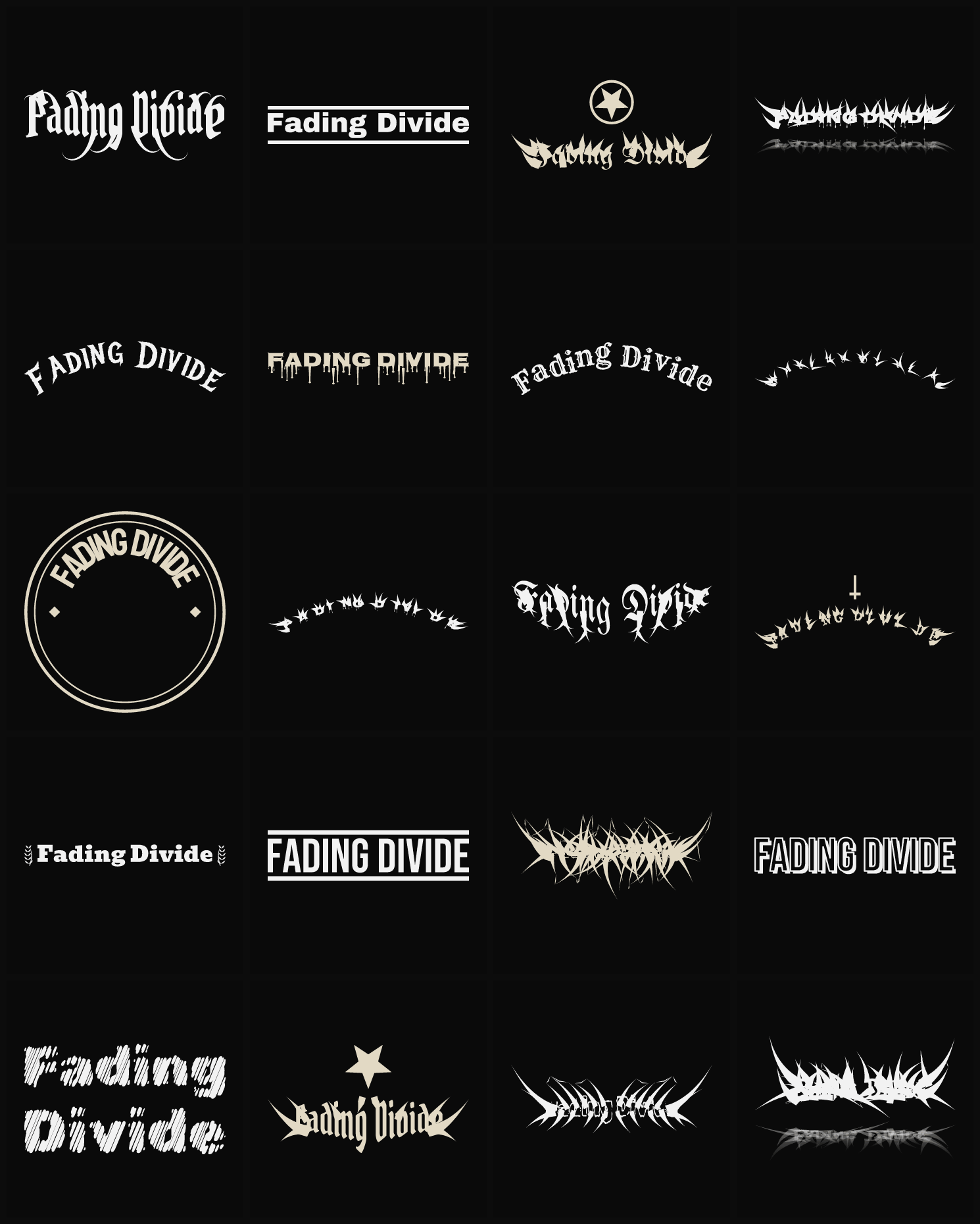Twenty Fading Divide band logo ideas — different faces, treatments and spike settings