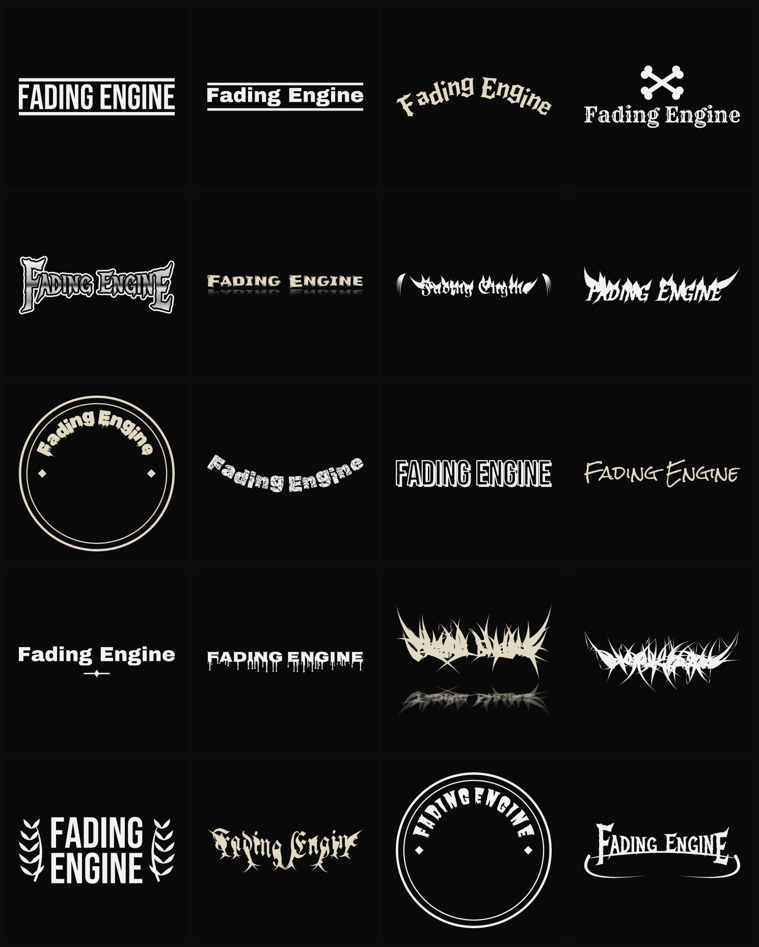 Twenty Fading Engine band logo ideas — different faces, treatments and spike settings