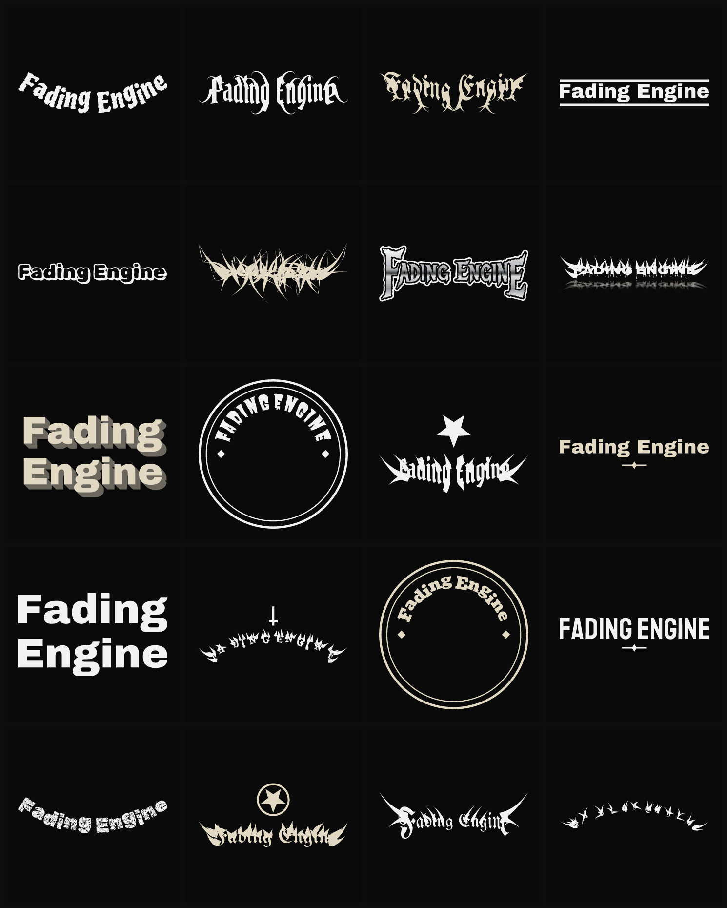 Twenty Fading Engine band logo ideas — different faces, treatments and spike settings