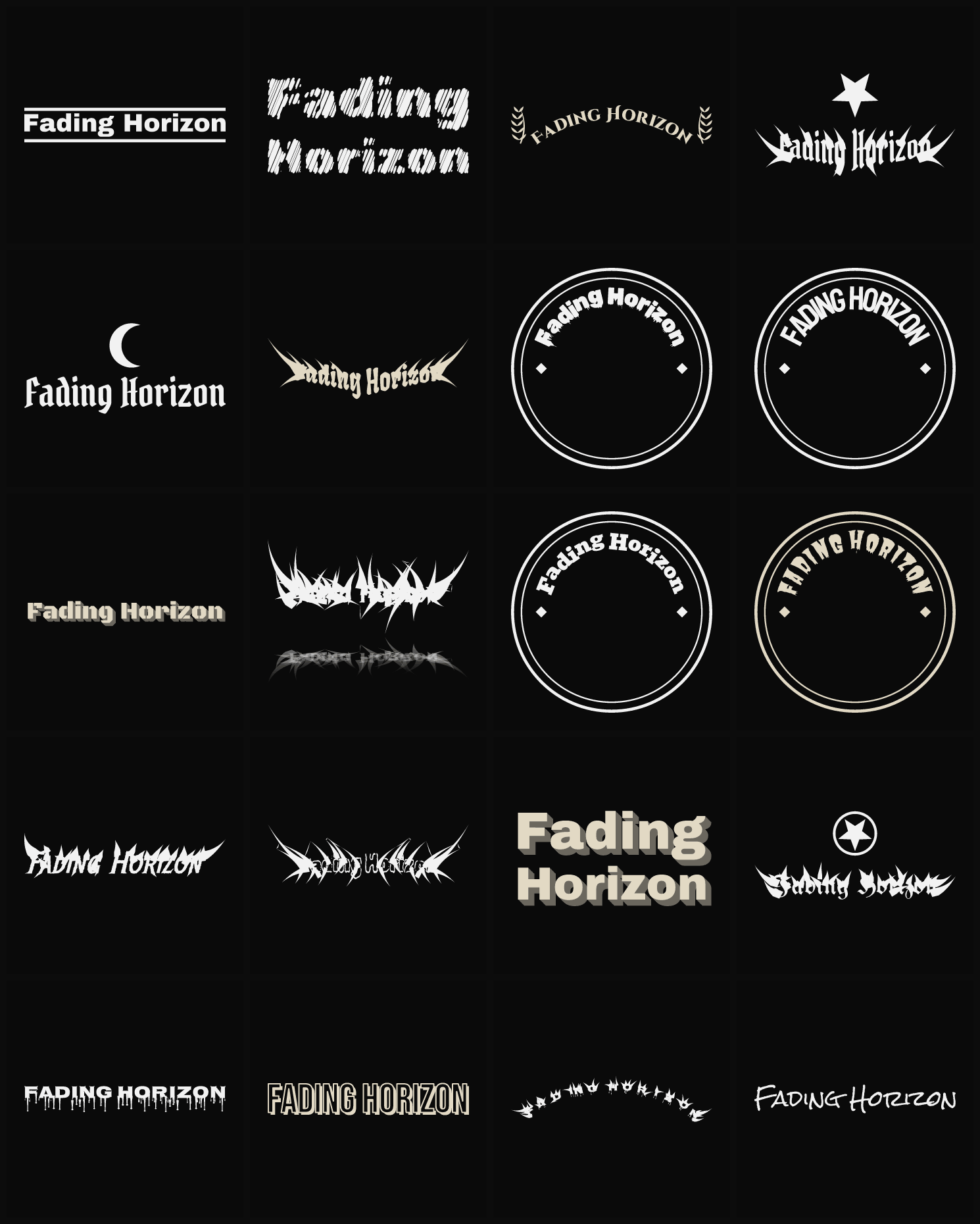 Twenty Fading Horizon band logo ideas — different faces, treatments and spike settings