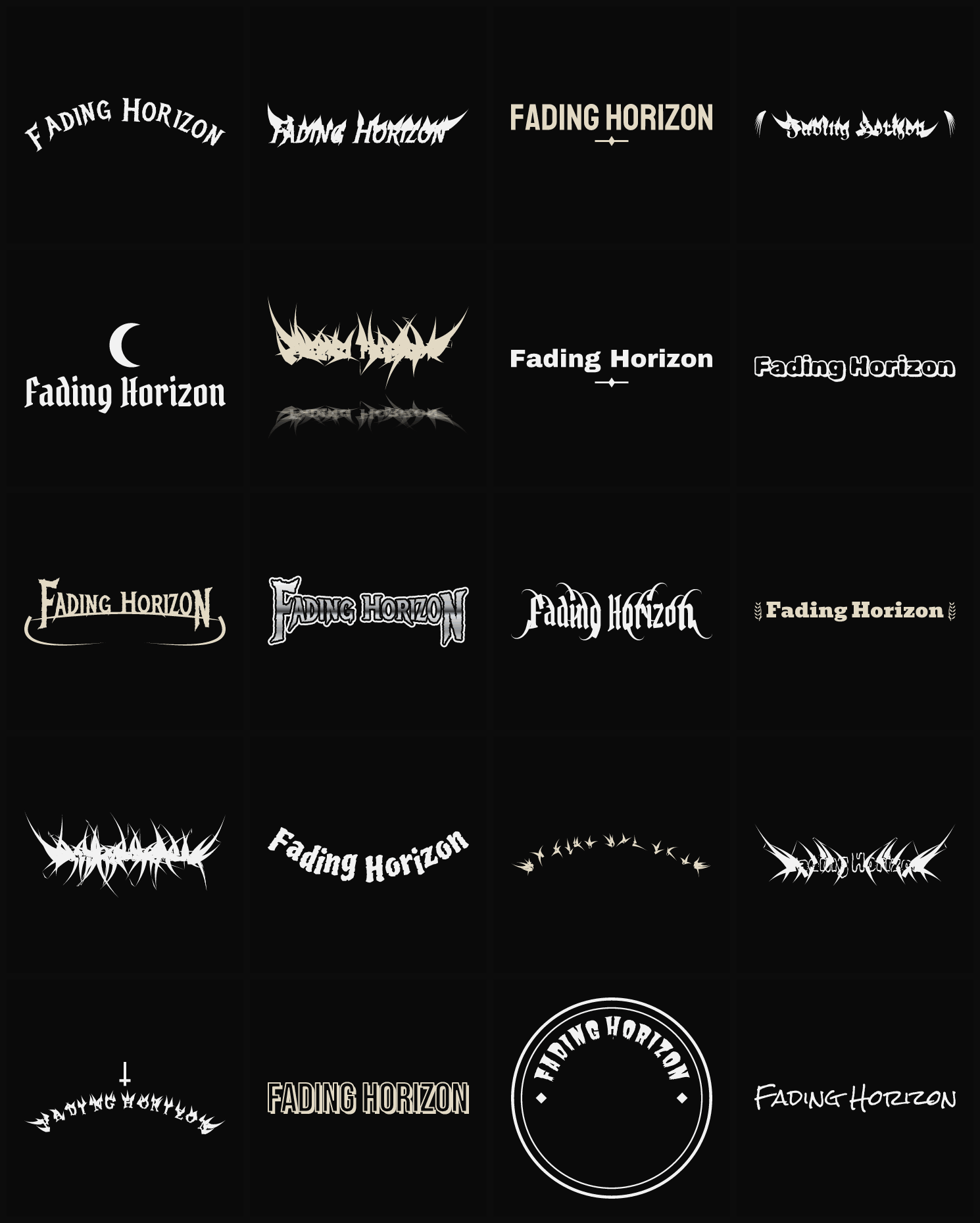 Twenty Fading Horizon band logo ideas — different faces, treatments and spike settings
