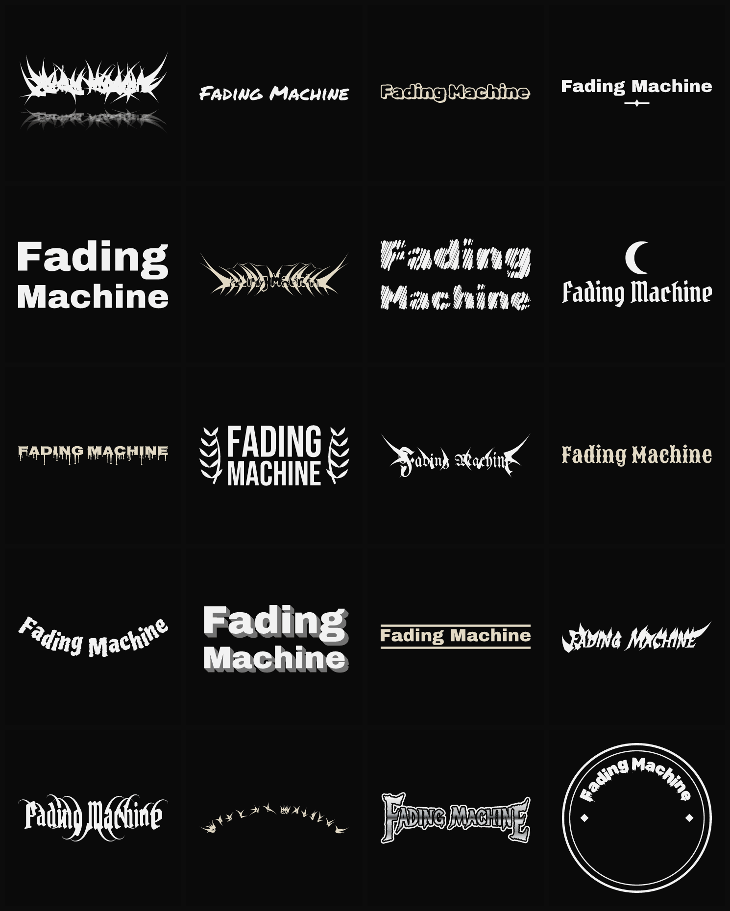 Twenty Fading Machine band logo ideas — different faces, treatments and spike settings