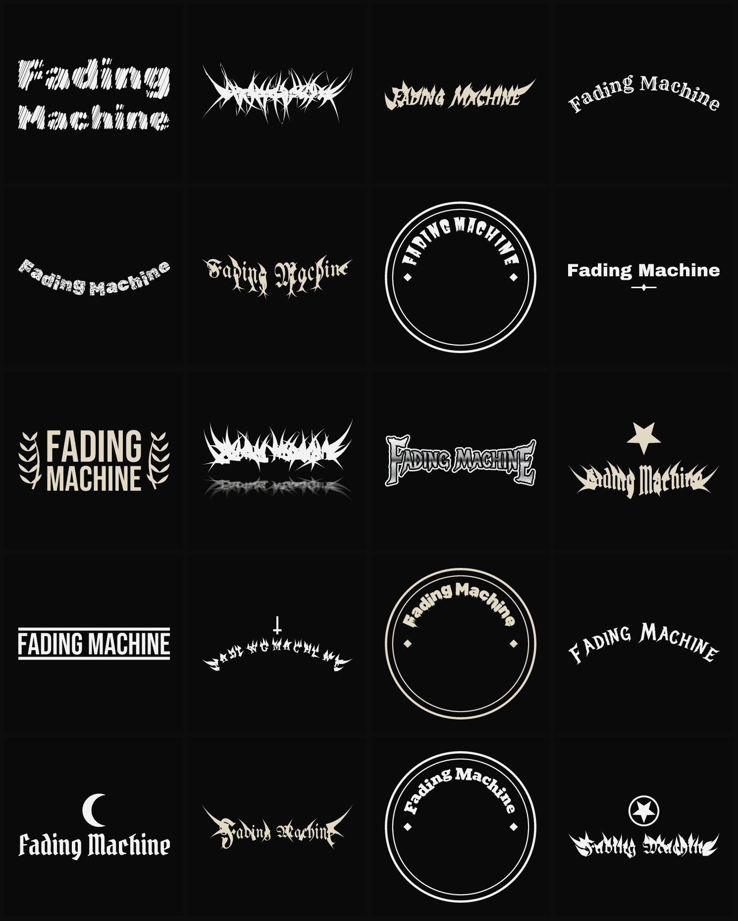 Twenty Fading Machine band logo ideas — different faces, treatments and spike settings