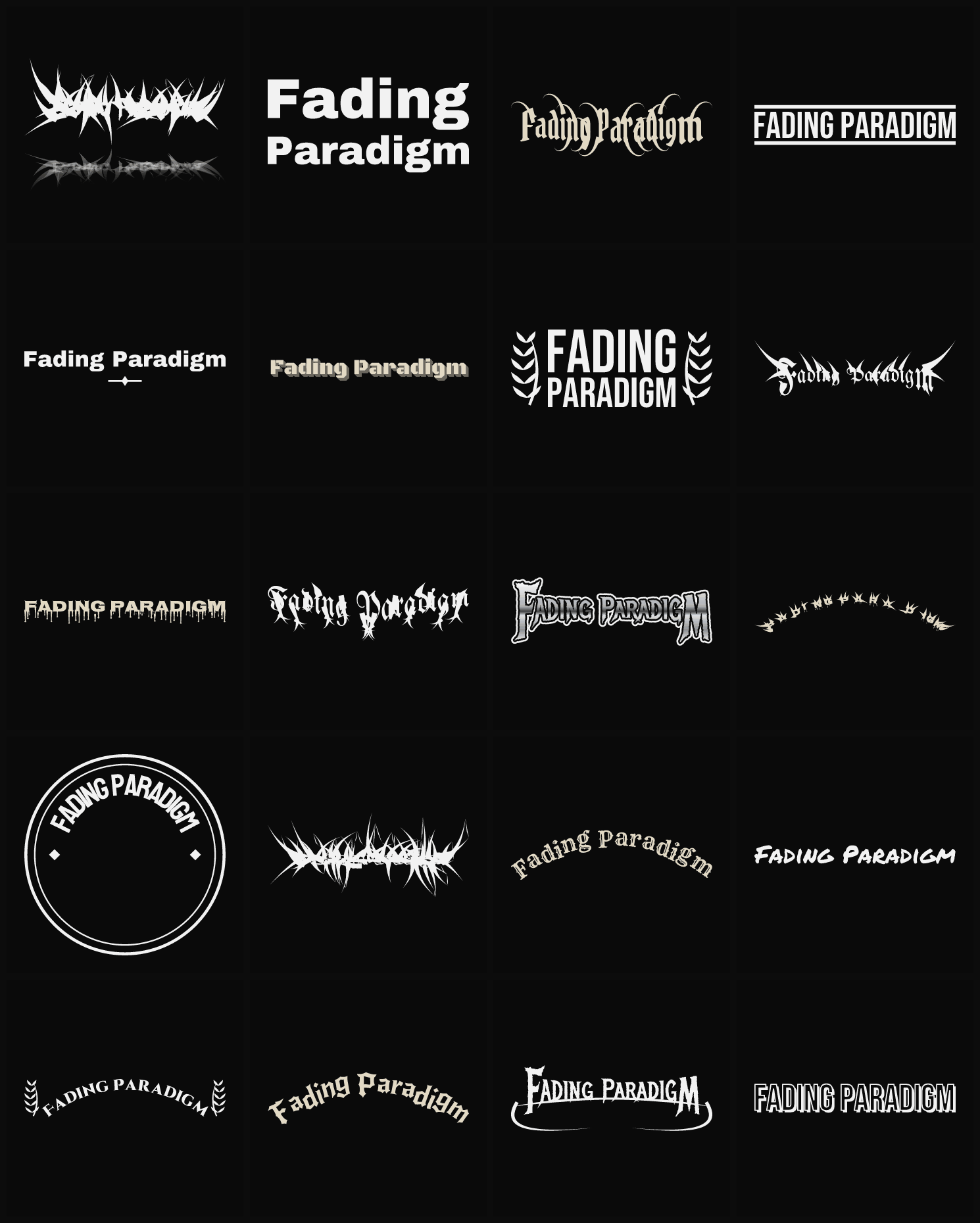 Twenty Fading Paradigm band logo ideas — different faces, treatments and spike settings